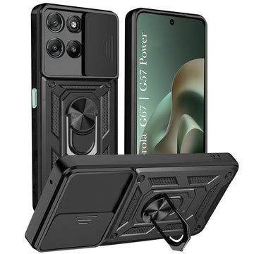 For Motorola Moto G67 Power | G57 Power Back Cover Case Hybrid Armor (Sliding Shutter Camera Protection | Polycarbonate |Ring Holder Kickstand)