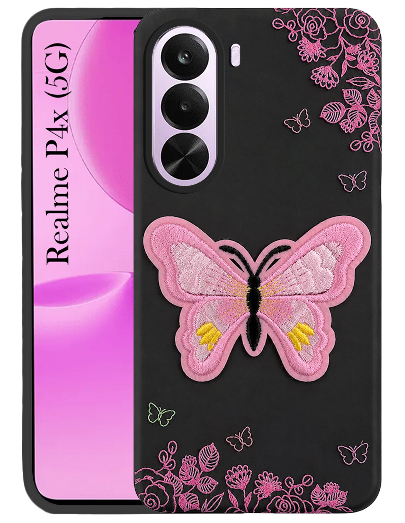 For  Realme P4x Back Cover Case (Soft Butterfly Embroidery | Women Teen Girls | Camera Protection| Matte Silicone)