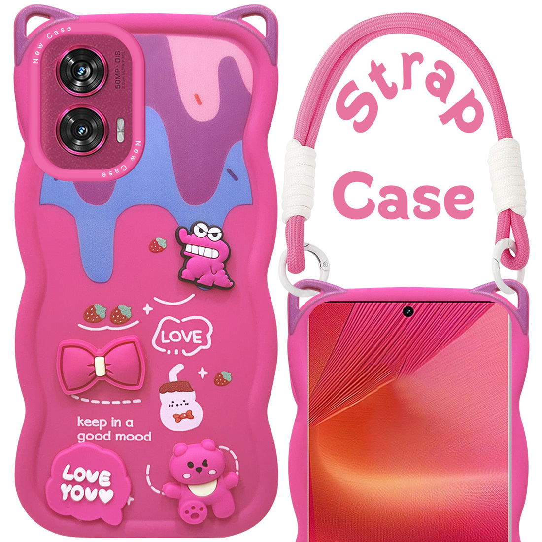 For Motorola Moto Edge 50 Fusion Back Case Cover Strap (3D embossed Figures | Strap Holder | 360* Soft Cushion with Camera Bump)