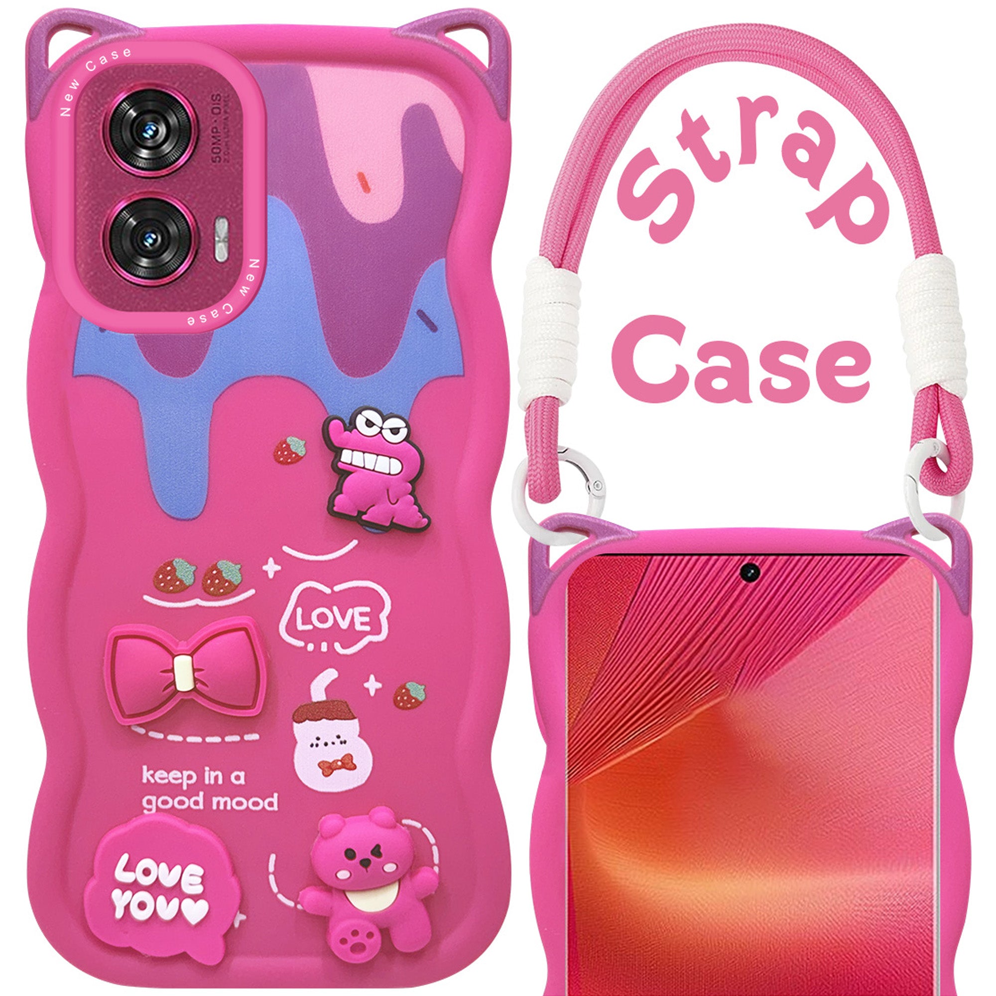 For Motorola Moto Edge 50 Fusion Back Case Cover Strap (3D embossed Figures | Strap Holder | 360* Soft Cushion with Camera Bump)