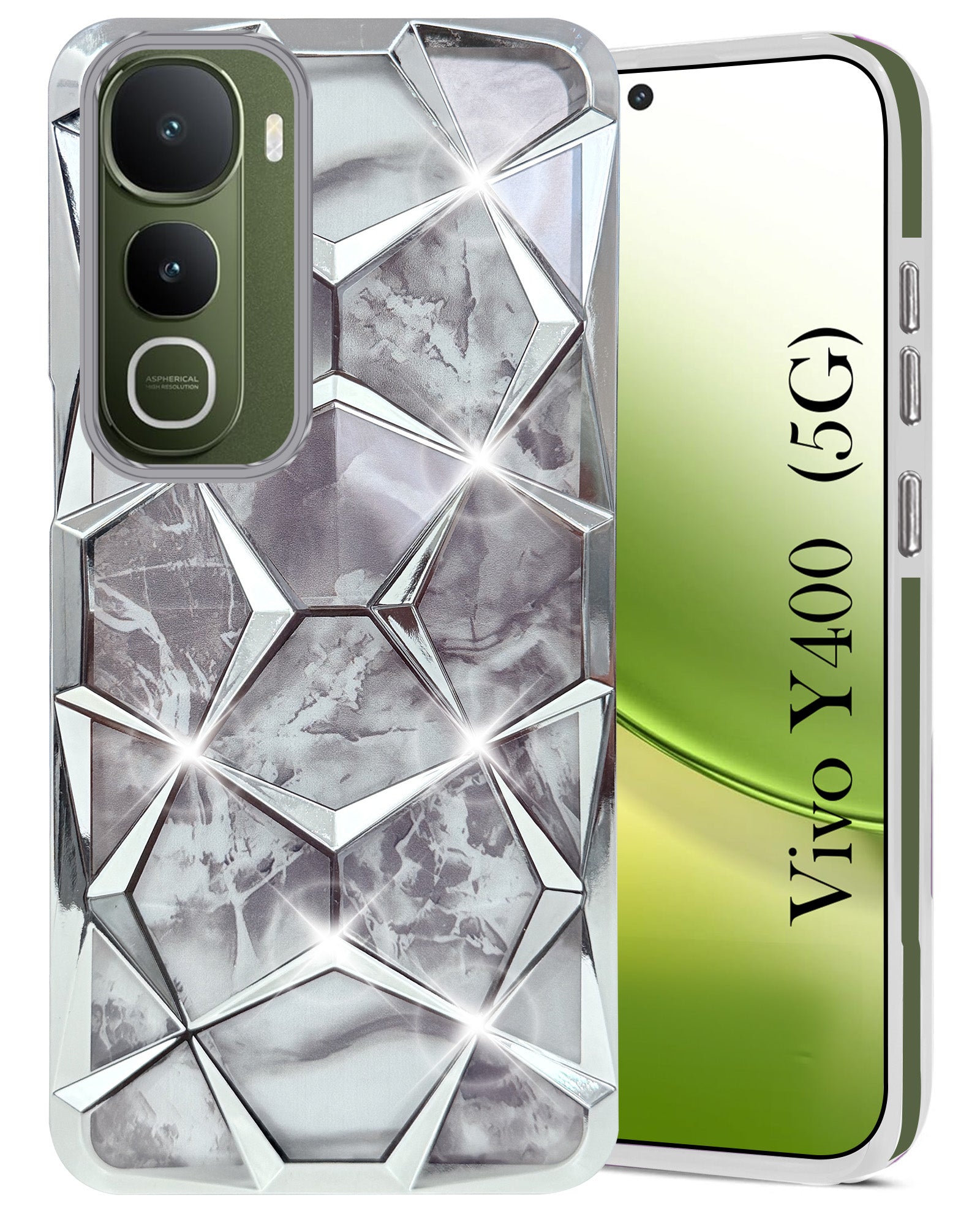For Vivo Y400 Back Cover Case 3D Silicone Compatible (Dual Design Glitter Sparkle and Detachable Diamond Print Case | Soft and Flexible)