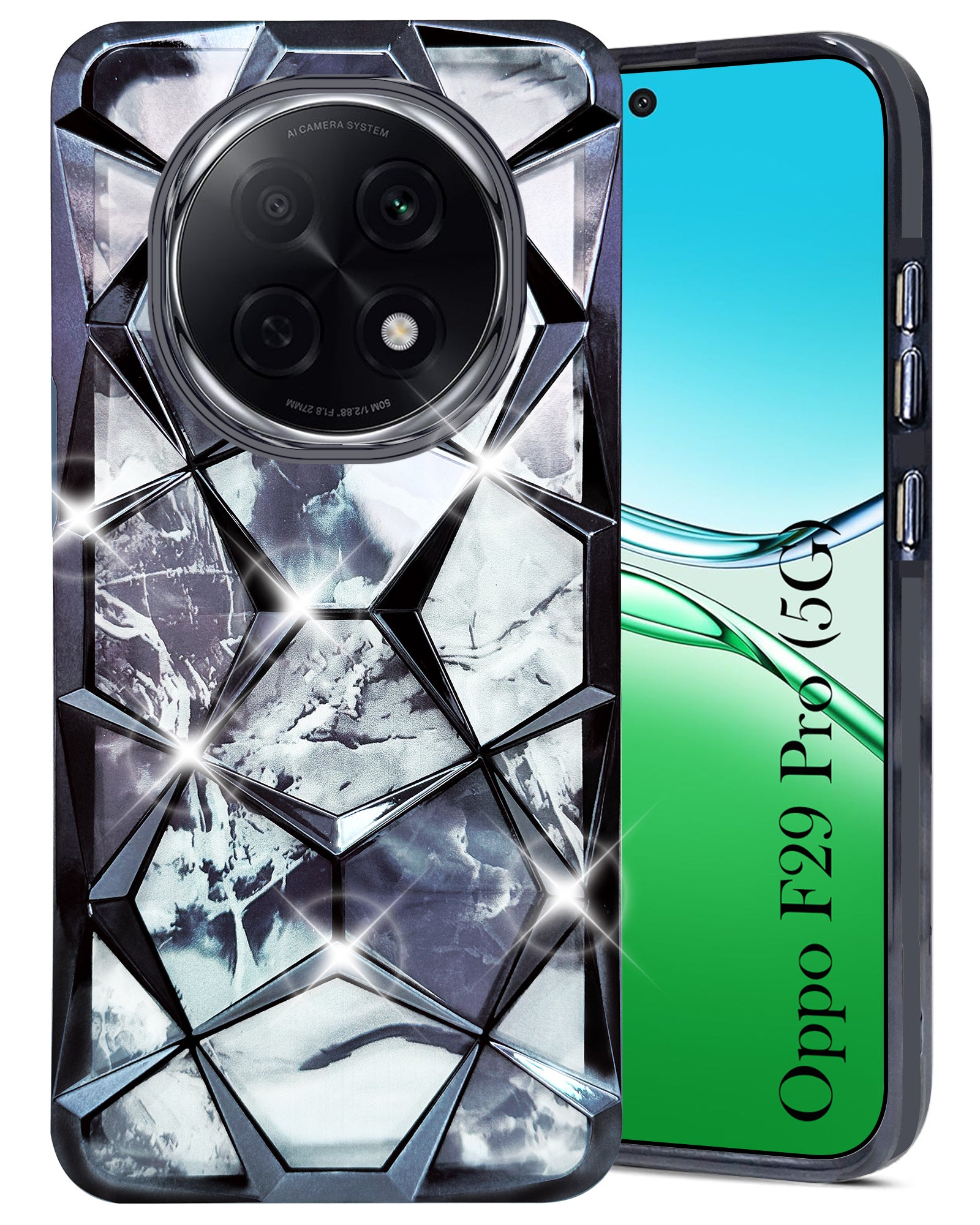 For Oppo F29 Pro Back Cover Case (Dual Design Glitter Sparkle and Detachable Diamond Print Case | Soft and Flexible)