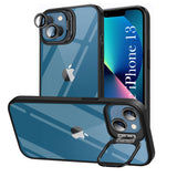 For Apple iPhone 13 Back Cover Case (Camera Lens Glass | Metal Stand Holder | Shockproof Hybrid | Anti Yellow)