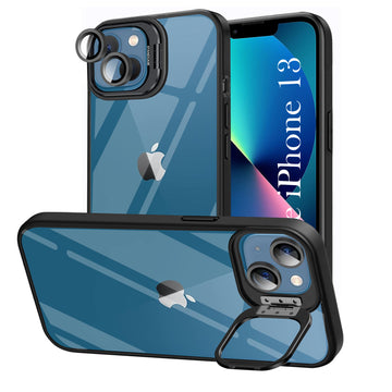 For Apple iPhone 13 Back Cover Case (Camera Lens Glass | Metal Stand Holder | Shockproof Hybrid | Anti Yellow)