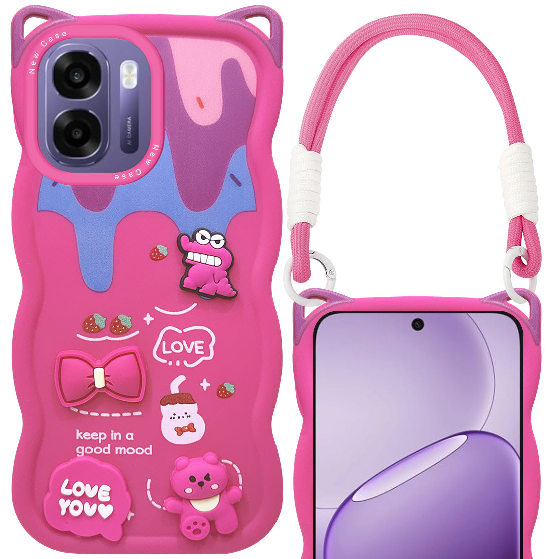 For Oppo K14x 5G Back Case Cover Strap (3D Embossed Figures | Strap Holder | 360* Soft Cushion with Camera Bump)