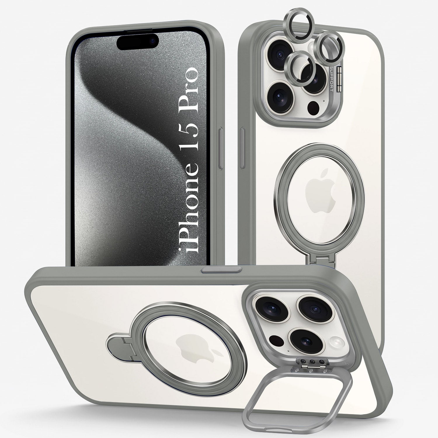 For Apple iPhone 15 Pro Back Cover Case Crystal (Lifetime Anti Yellow | Magnetic Ring Stand | Camera Lens Protection | MagSafe Compatible)