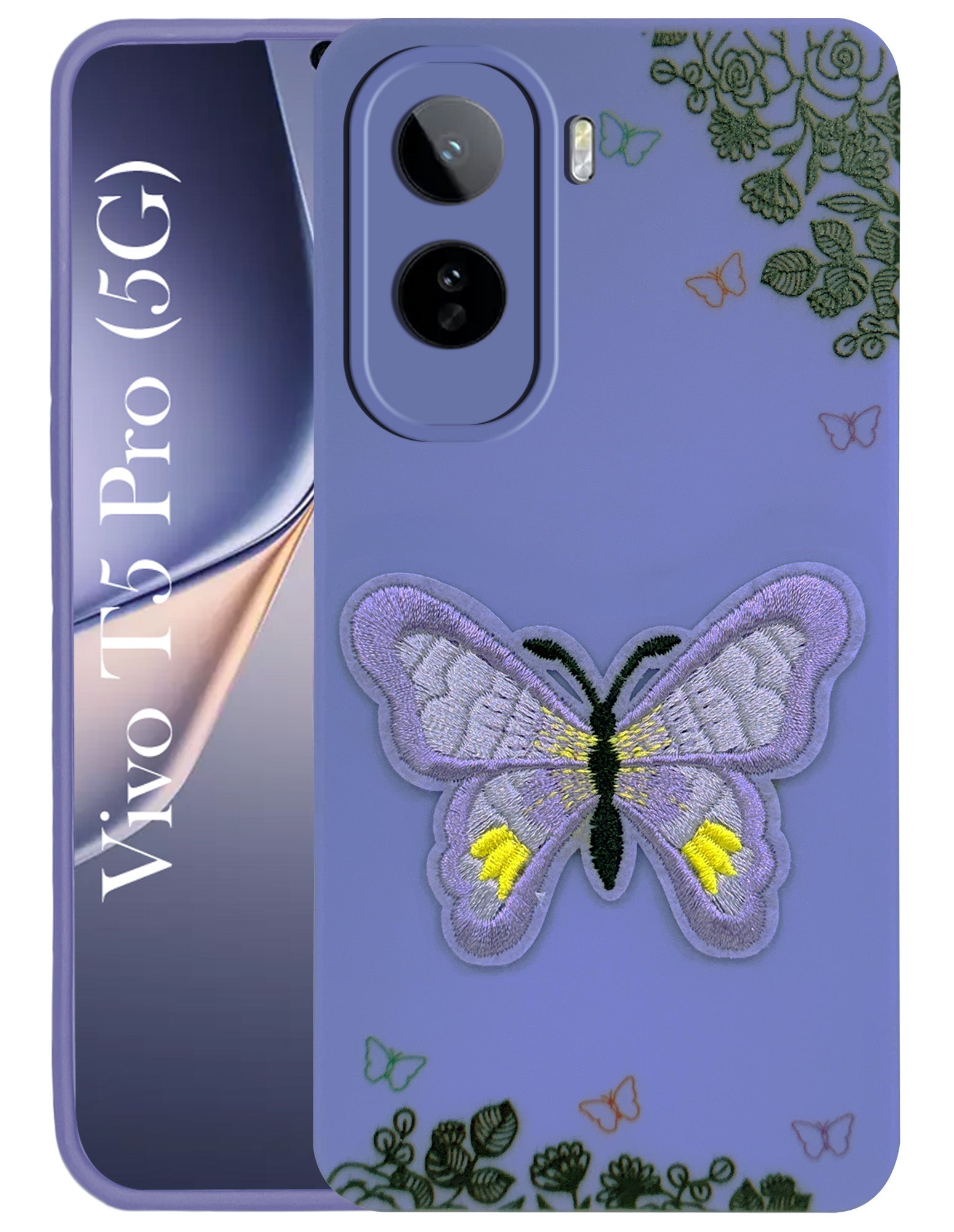For Vivo T5 Pro 5G Back Cover Case (Soft Butterfly Embroidery | Women Teen Girls | Camera Protection| Matte Silicone)