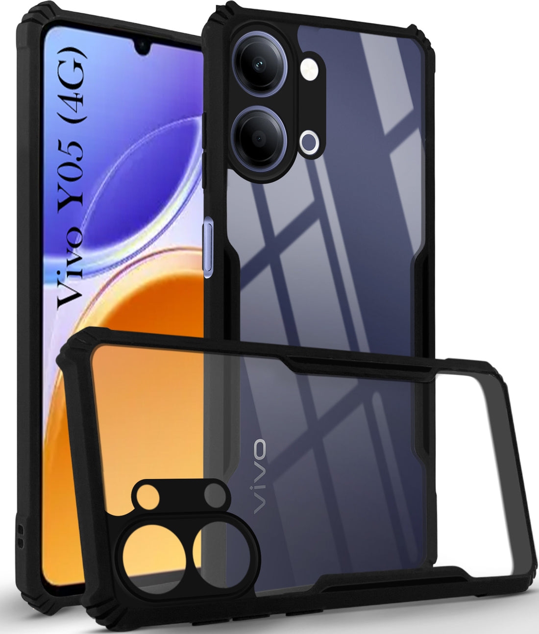 For Vivo Y05 4G Back Cover Case Hybrid  (Shockproof with Polycarbonate Clear Panel | Professional Black)