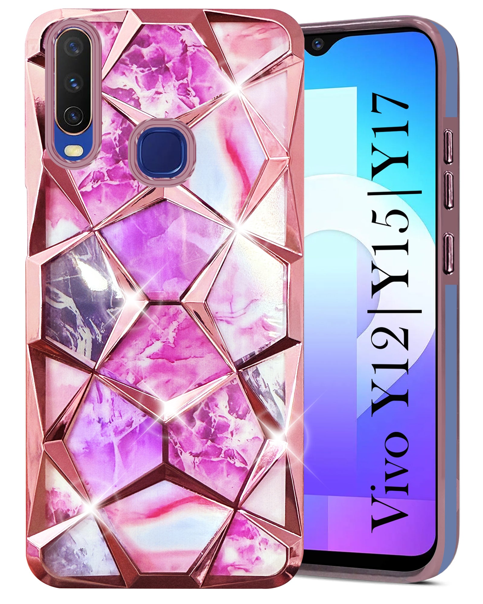 For Vivo Y12 Y15 Y17 Back Cover Case Back Cover Case (Dual Design Glitter Sparkle and Detachable Diamond Print Case Soft and Flexible) Black