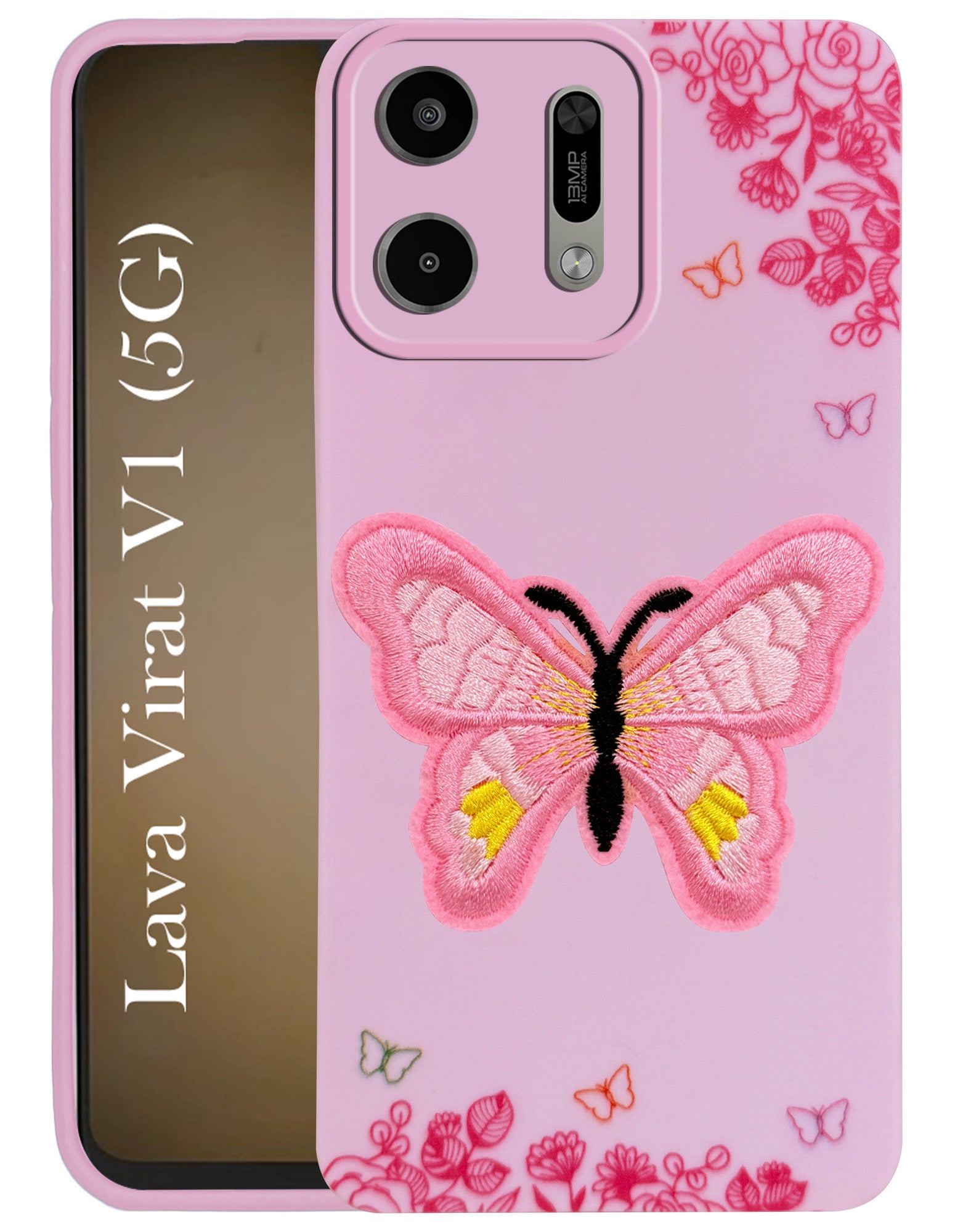 For Lava Virat V1 5G Back Cover Case (Soft Butterfly Embroidery | Women Teen Girls | Camera Protection| Matte Silicone)
