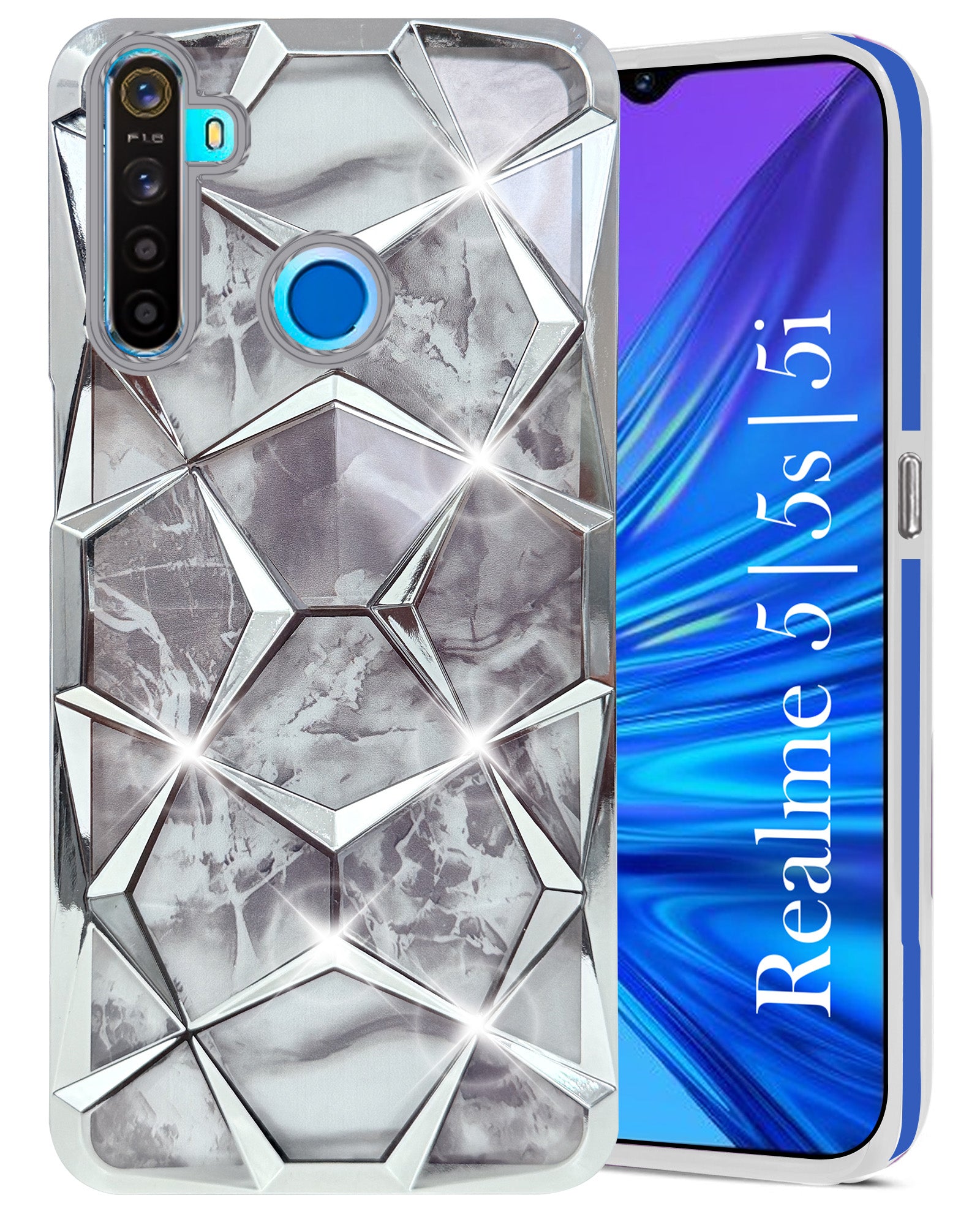 For Realme 5 | 5s | 5i Back Cover Case (Dual Design Glitter Sparkle and Detachable Diamond Print Case | Soft and Flexible)