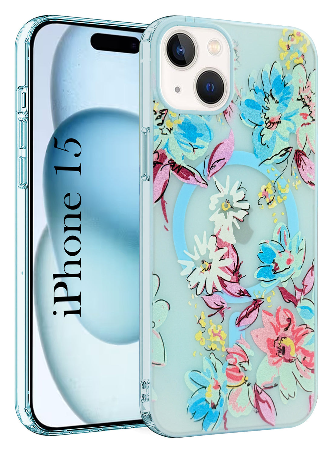 For Apple iPhone 15 Back Cover Case (Cute Floral Design | Flower Print for Girls | MagSafe Compatible Wireless Charging)