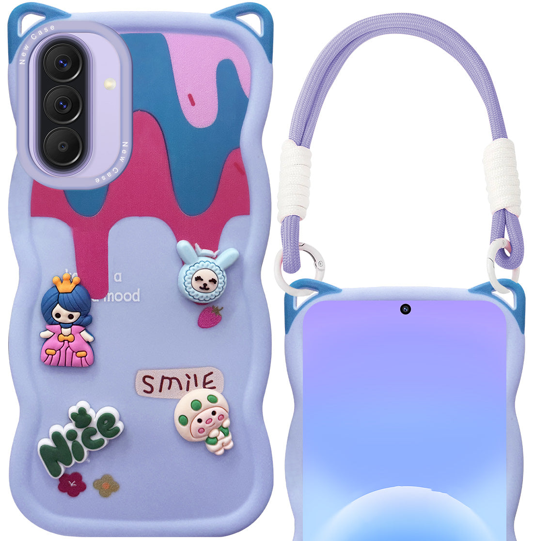 For Samsung Galaxy A57 5G Back Case Cover Strap (3D Embossed Figures | Strap Holder | 360* Soft Cushion with Camera Bump)