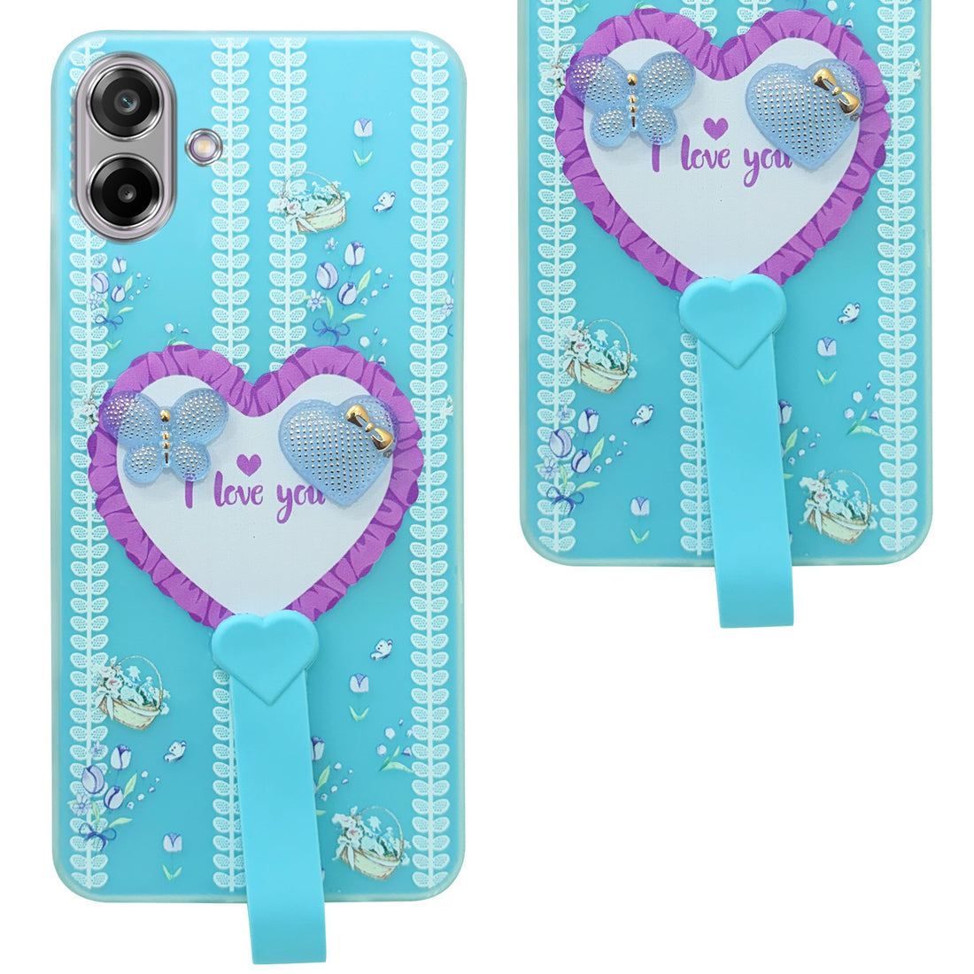 For Samsung Galaxy M17e Back Cover Case (3D Cute Heart Strap Holder | Camera Protection | Designer Girls Print)