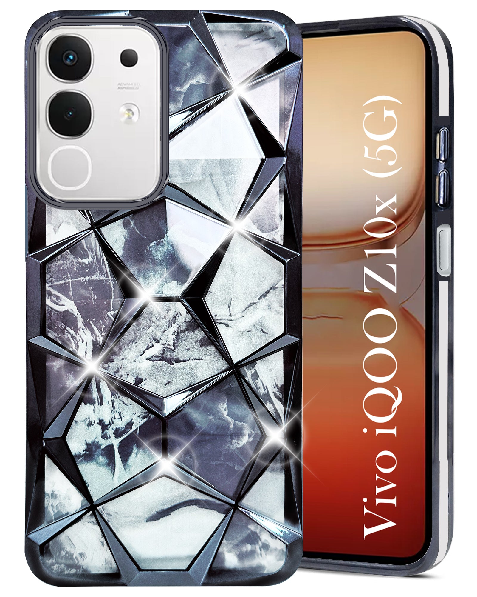 For Vivo iQOO Z10x Back Cover Case (Dual Design Glitter Sparkle and Detachable Diamond Print Case | Soft and Flexible)