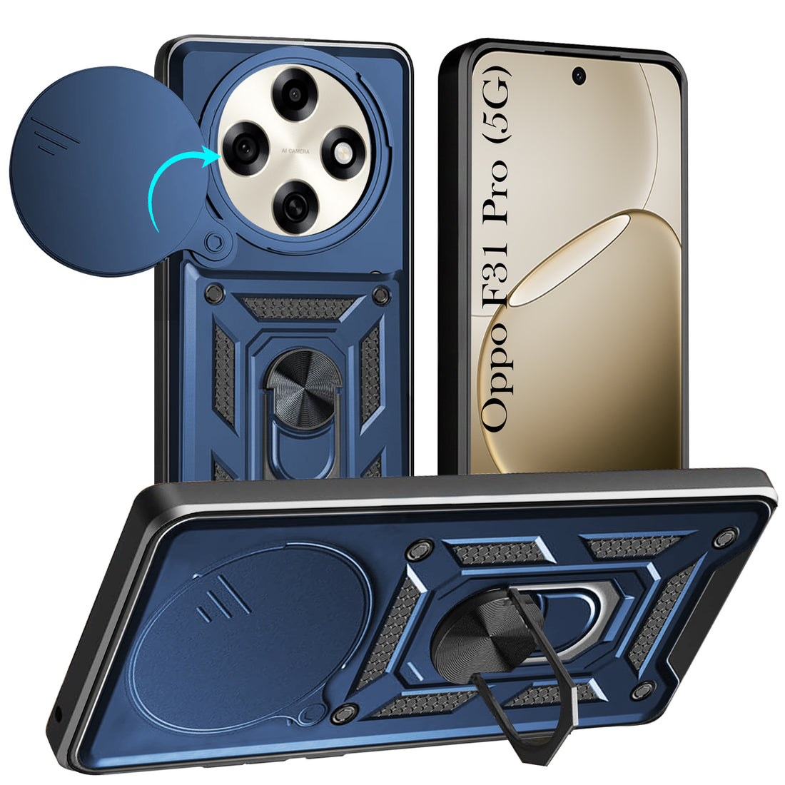 For Oppo F31 Pro Hybrid Armor Back Cover Case (Sliding Shutter Camera Protection | Polycarbonate |Ring Holder Kickstand)