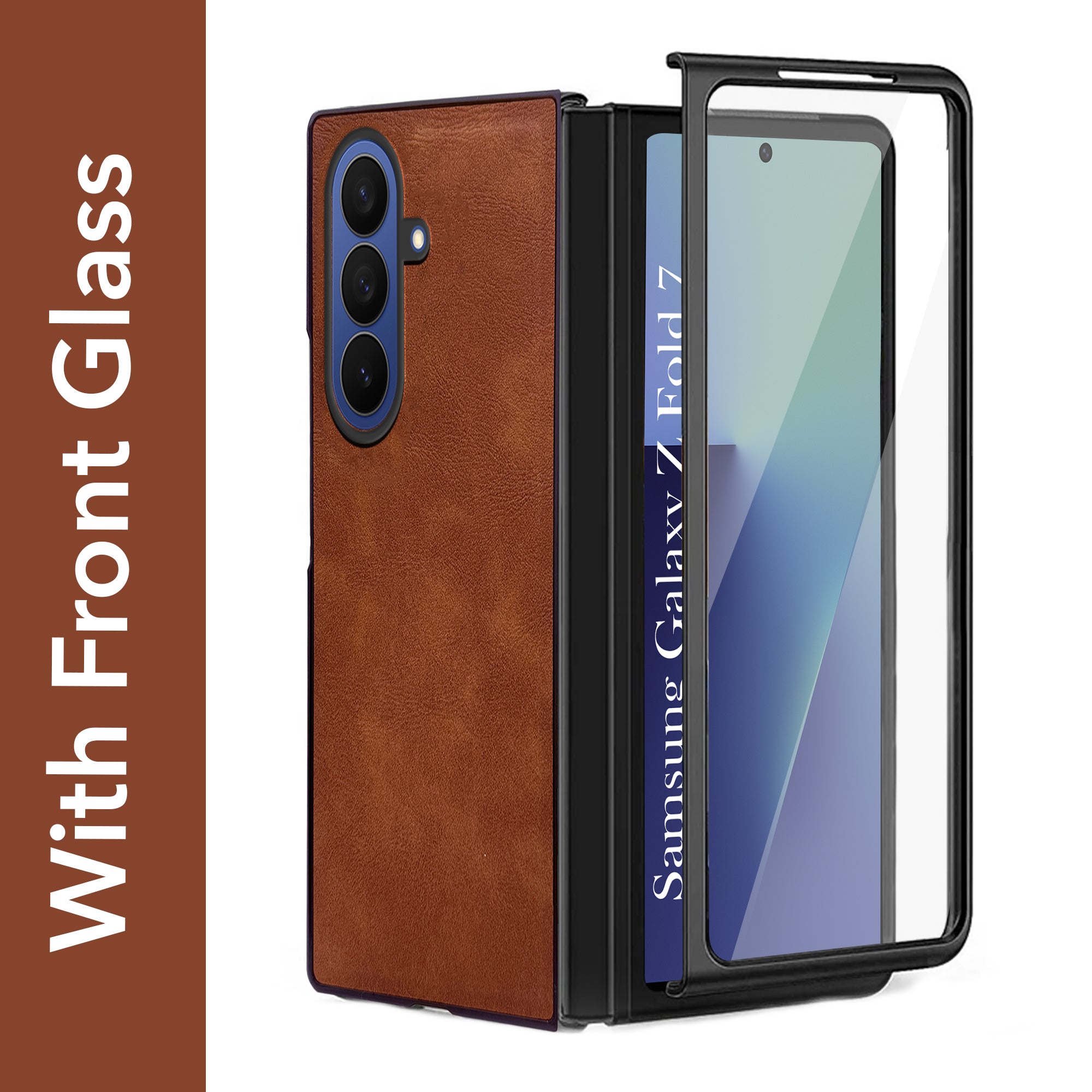 For Samsung Galaxy Z Fold 7 Back Cover Front Glass Leather (Full Body Case | Built-in Screen Protector | Inside Fiber Cloth | Minimalist Professional)