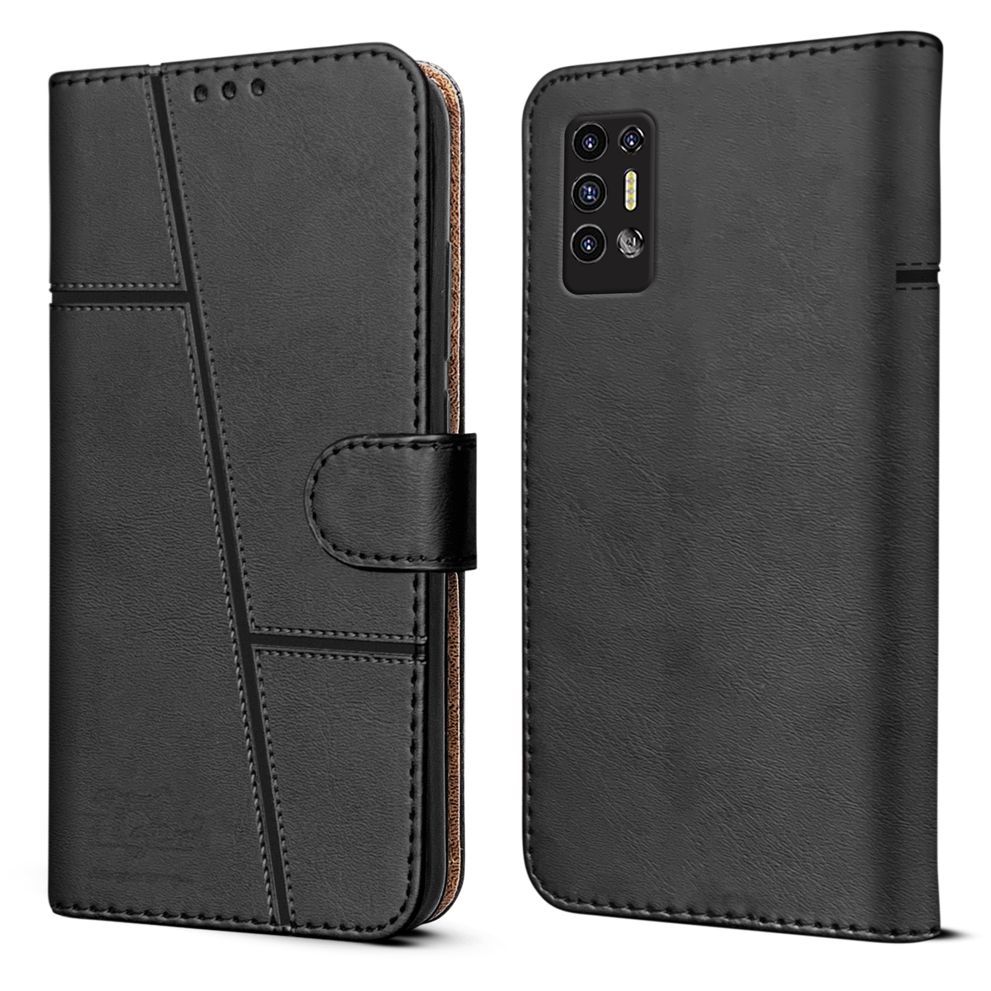 For Tecno Pova 2 Flip Cover Case (Stitched Leather Finish | Magnetic Closure | Inner TPU | Foldable Stand | Wallet Card Slots)