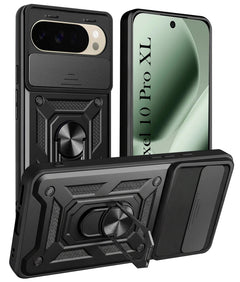 For Google Pixel 10 Pro XL Back Cover Case Hybrid Armor (Sliding Shutter Camera Protection | Polycarbonate |Ring Holder Kickstand)