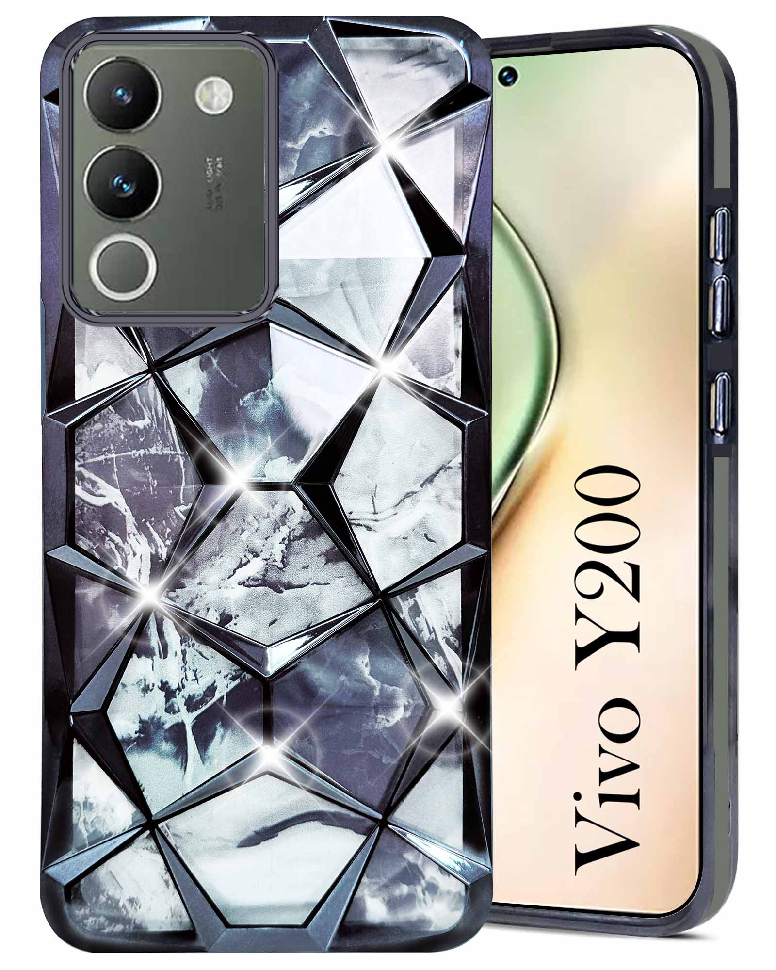 For Vivo Y200 Back Cover Case (Dual Design Glitter Sparkle and Detachable Diamond Print Case | Soft and Flexible)