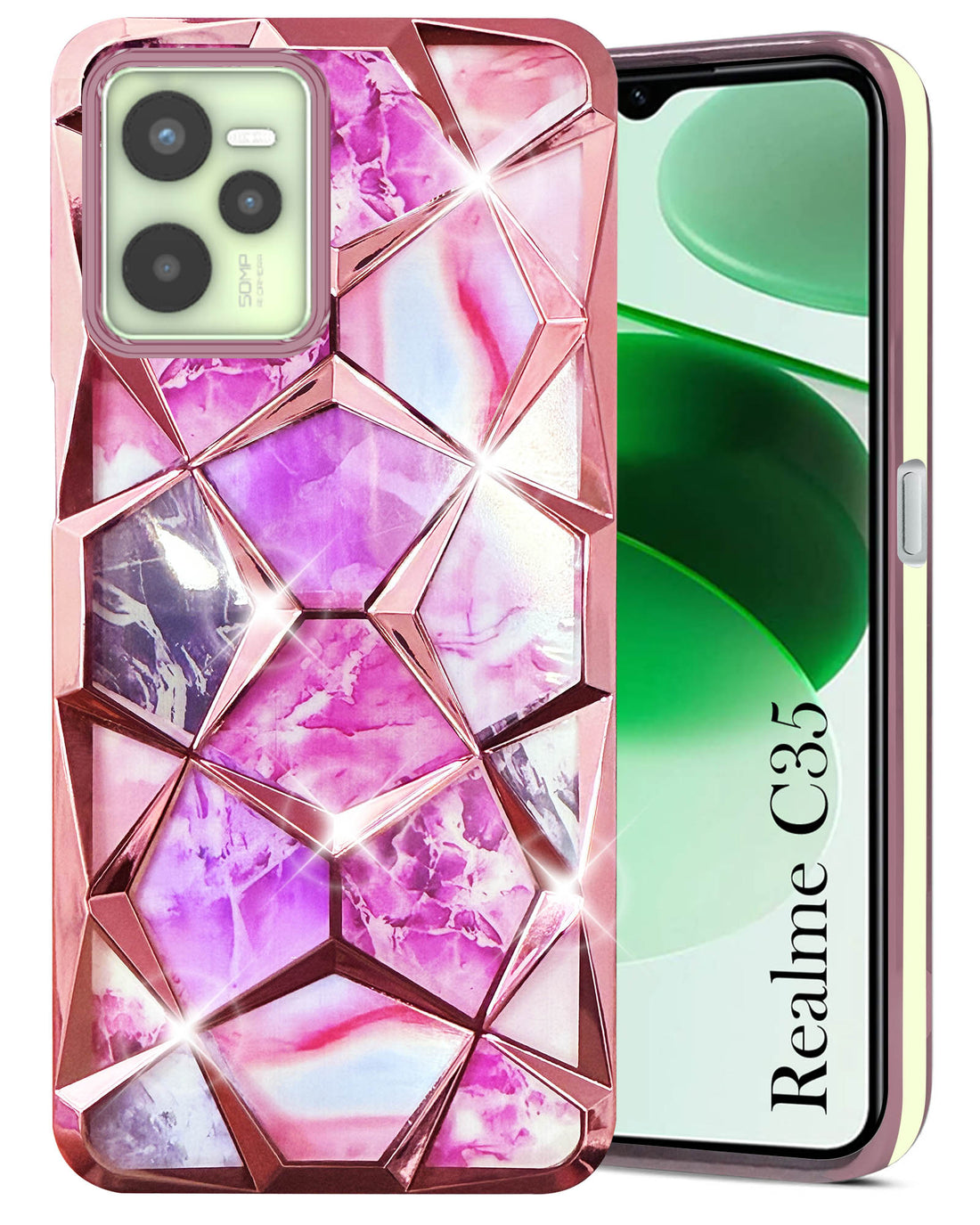 For Realme C35 Back Cover Case (Dual Design Glitter Sparkle and Detachable Diamond Print Case | Soft and Flexible)
