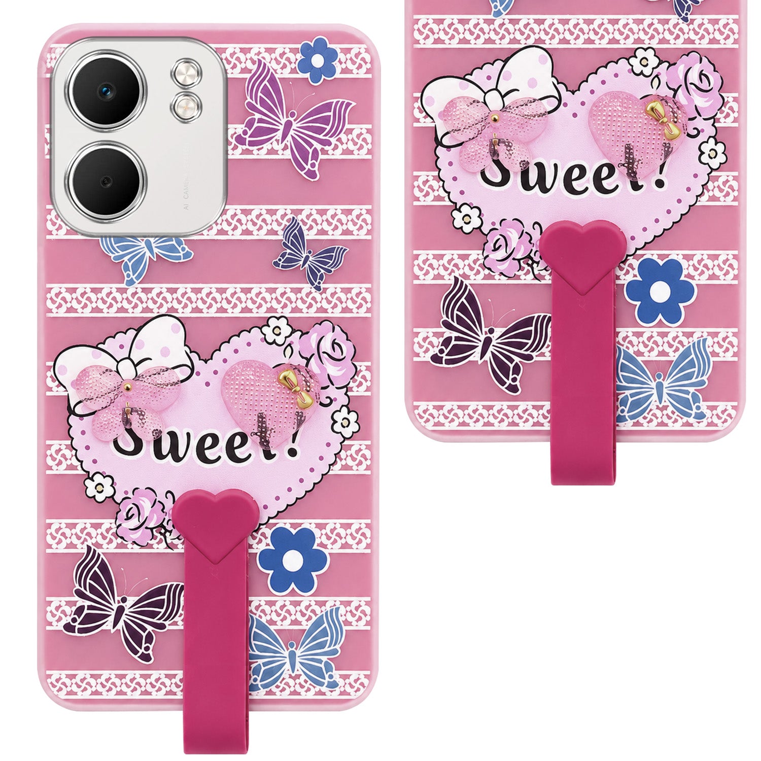 For Oppo A5X Back Cover Case (3D Cute Heart Strap Holder | Camera Protection | Designer Girls Print)