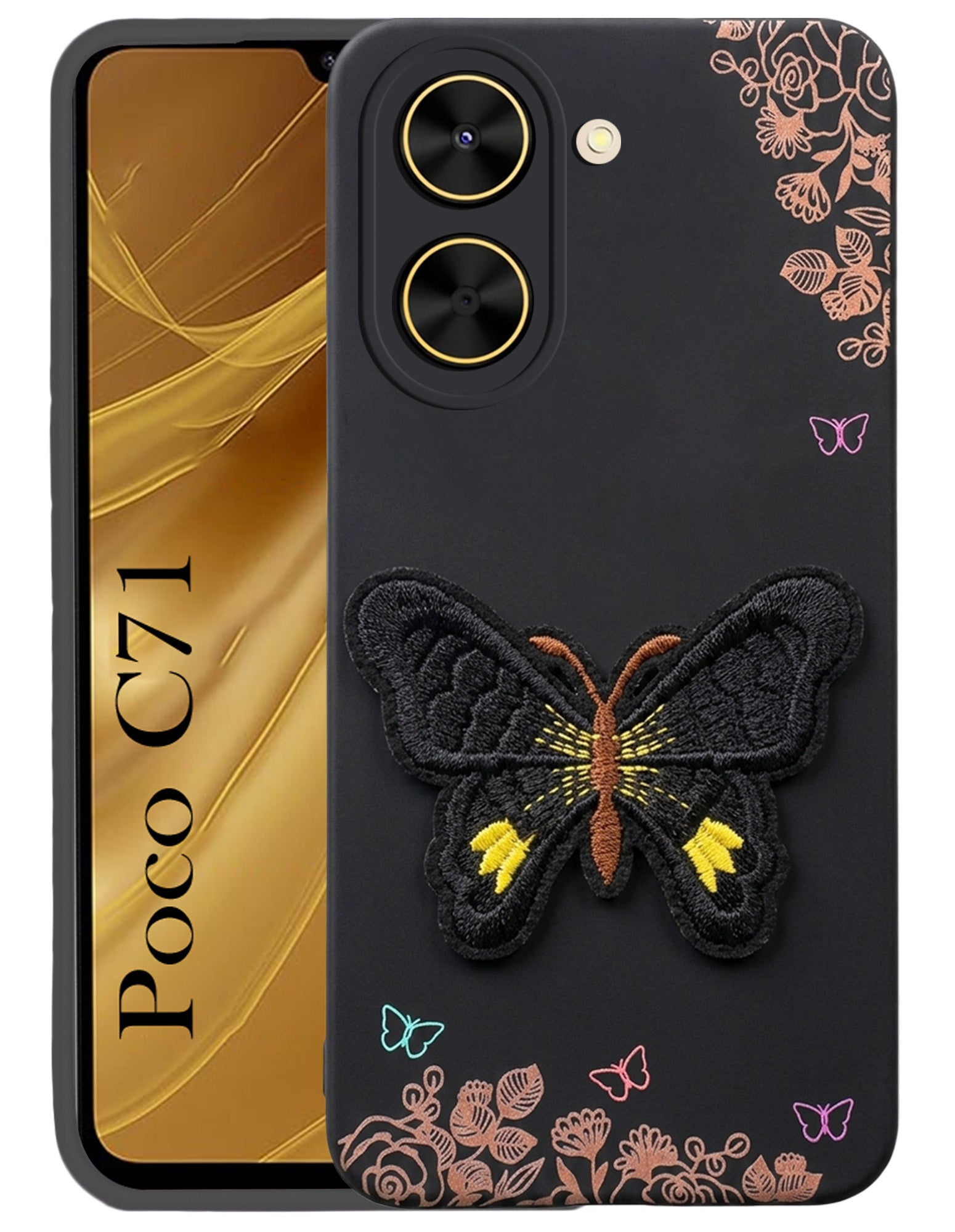 For Poco C71 Back Cover (Soft Butterfly Embroidery | Women Teen Girls | Camera Protection| Matte Silicone)