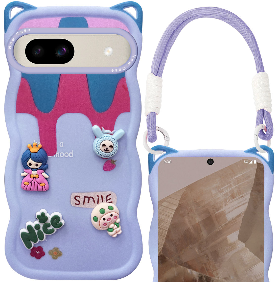 For Google Pixel 8a Back Case Cover Strap (3D Embossed Figures | Strap Holder | 360* Soft Cushion with Camera Bump)