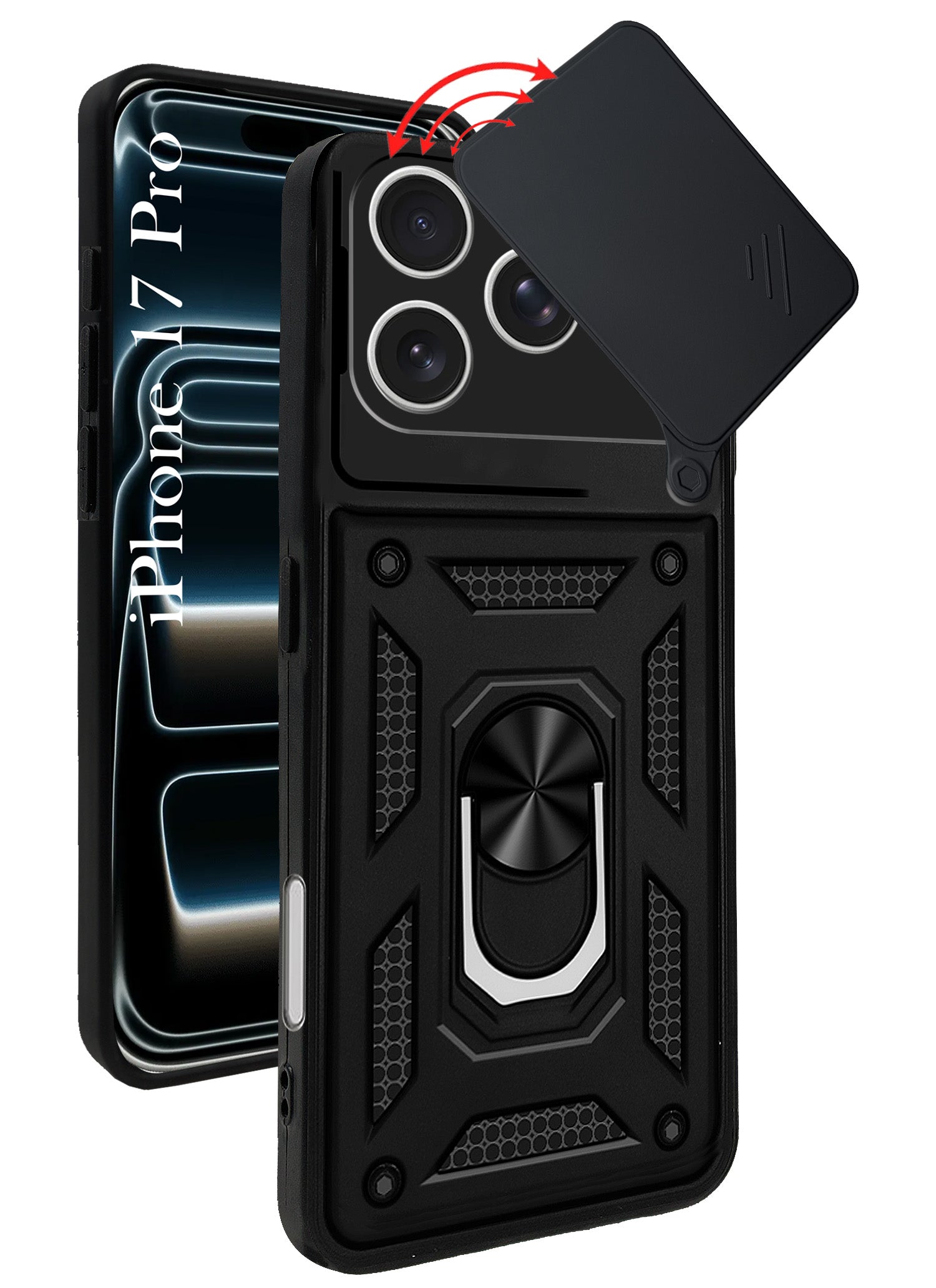 For Apple iPhone 17 Pro Back Cover Case Hybrid Armor (Sliding Shutter Camera Protection | Polycarbonate |Ring Holder Kickstand)