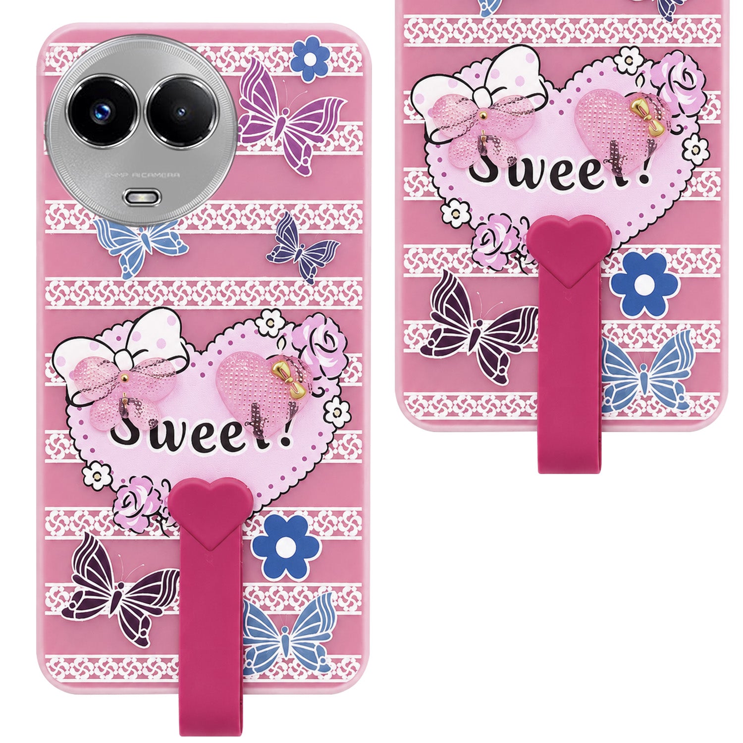 For Realme 11 5G | Realme 11x 5G Back Cover Case (3D Cute Heart Strap Holder | Camera Protection | Designer Girls Print)