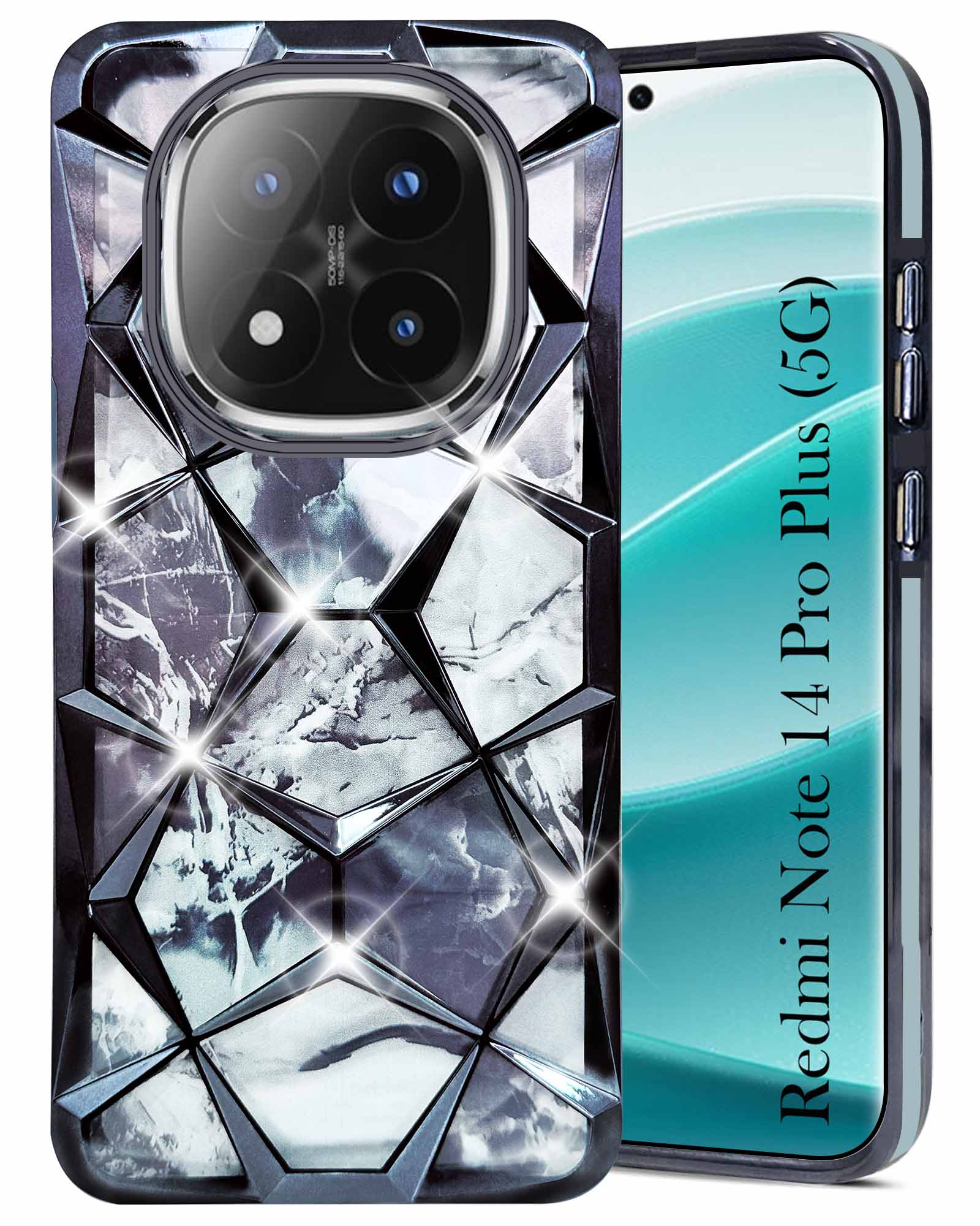 For Redmi Note 14 Pro Plus Back Cover Case (Dual Design Glitter Sparkle and Detachable Diamond Print Case | Soft and Flexible)