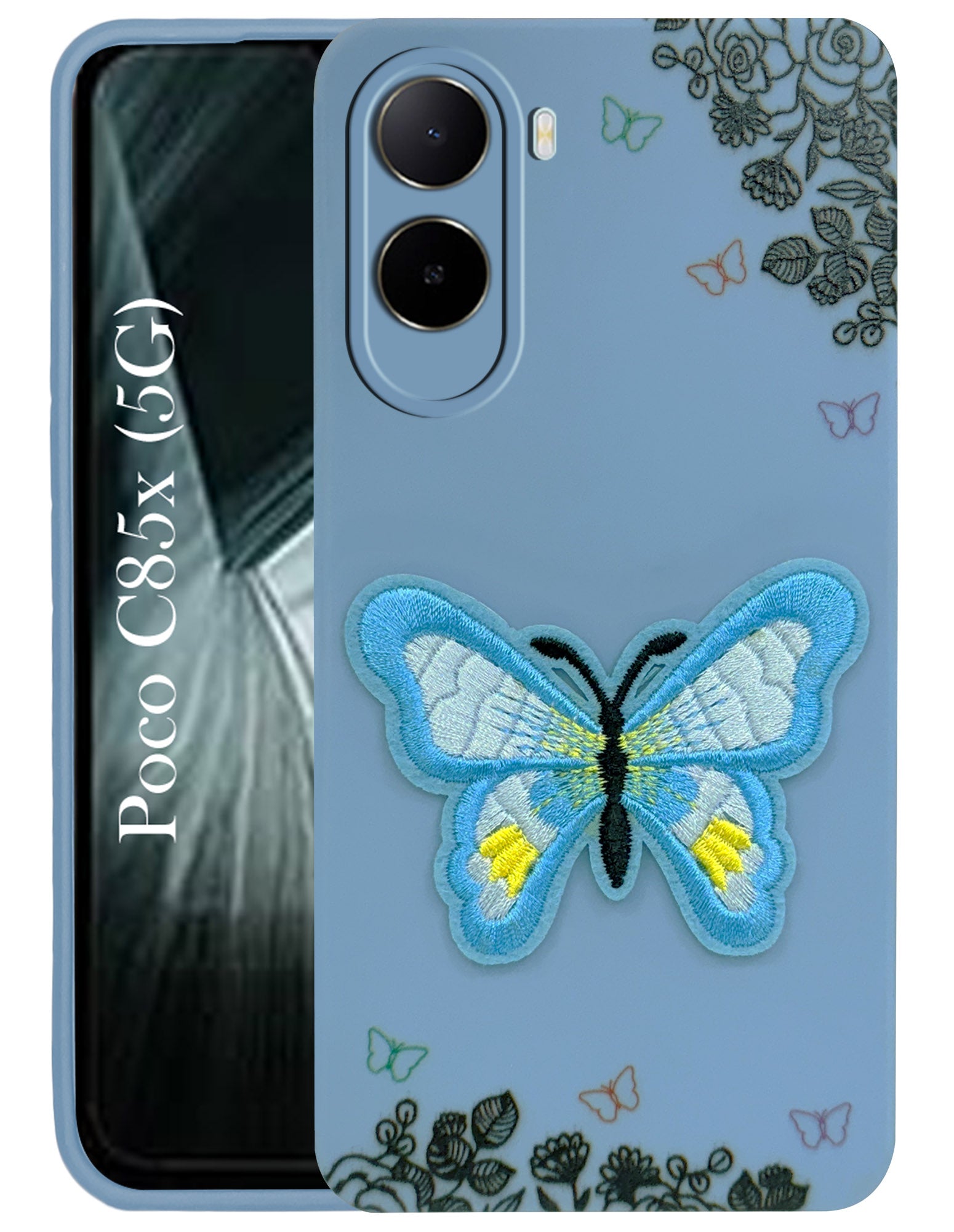 For Poco C85x 5G Back Cover Case (Soft Butterfly Embroidery | Women Teen Girls | Camera Protection| Matte Silicone)