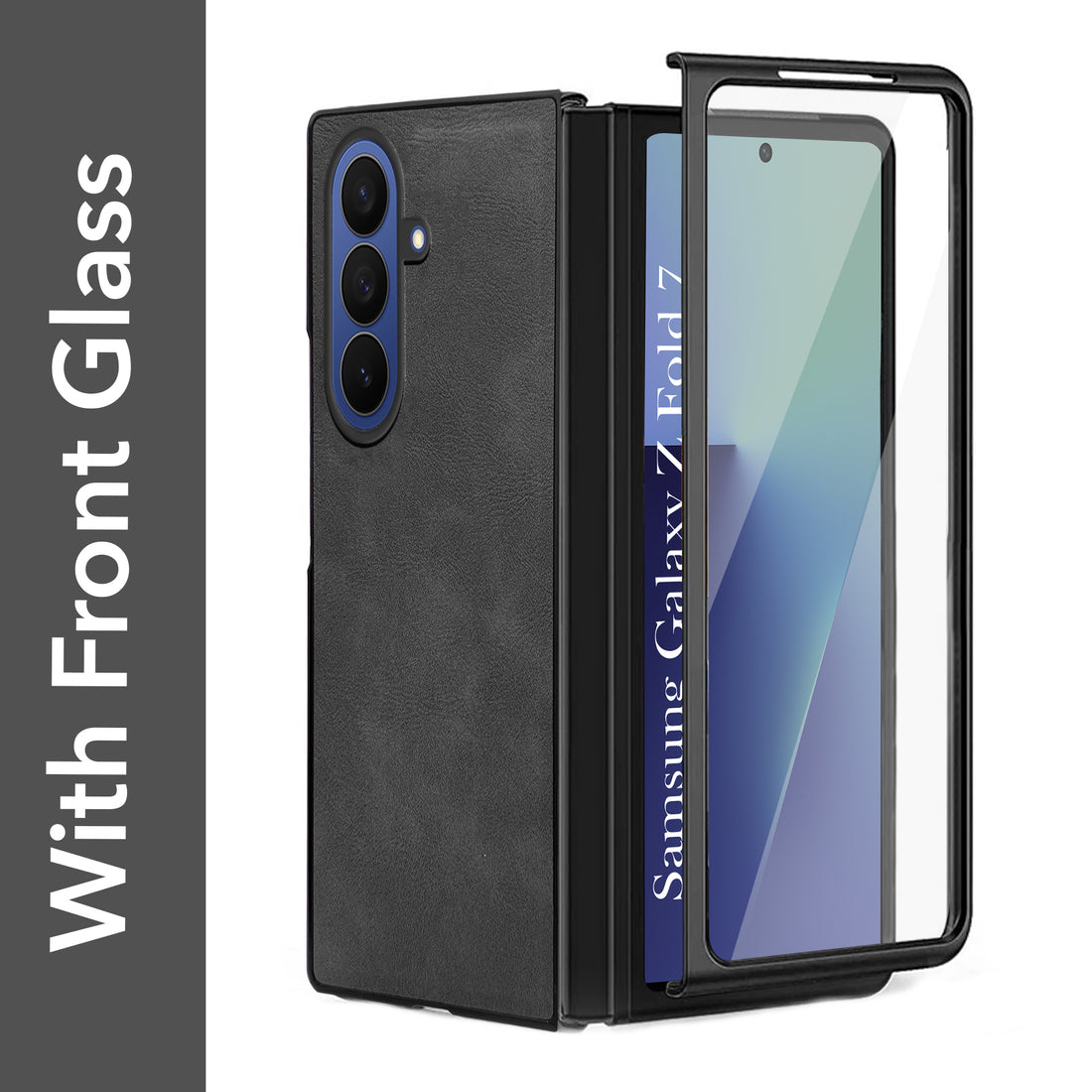 For Samsung Galaxy Z Fold 7 Back Cover Front Glass Leather (Full Body Case | Built-in Screen Protector | Inside Fiber Cloth | Minimalist Professional)