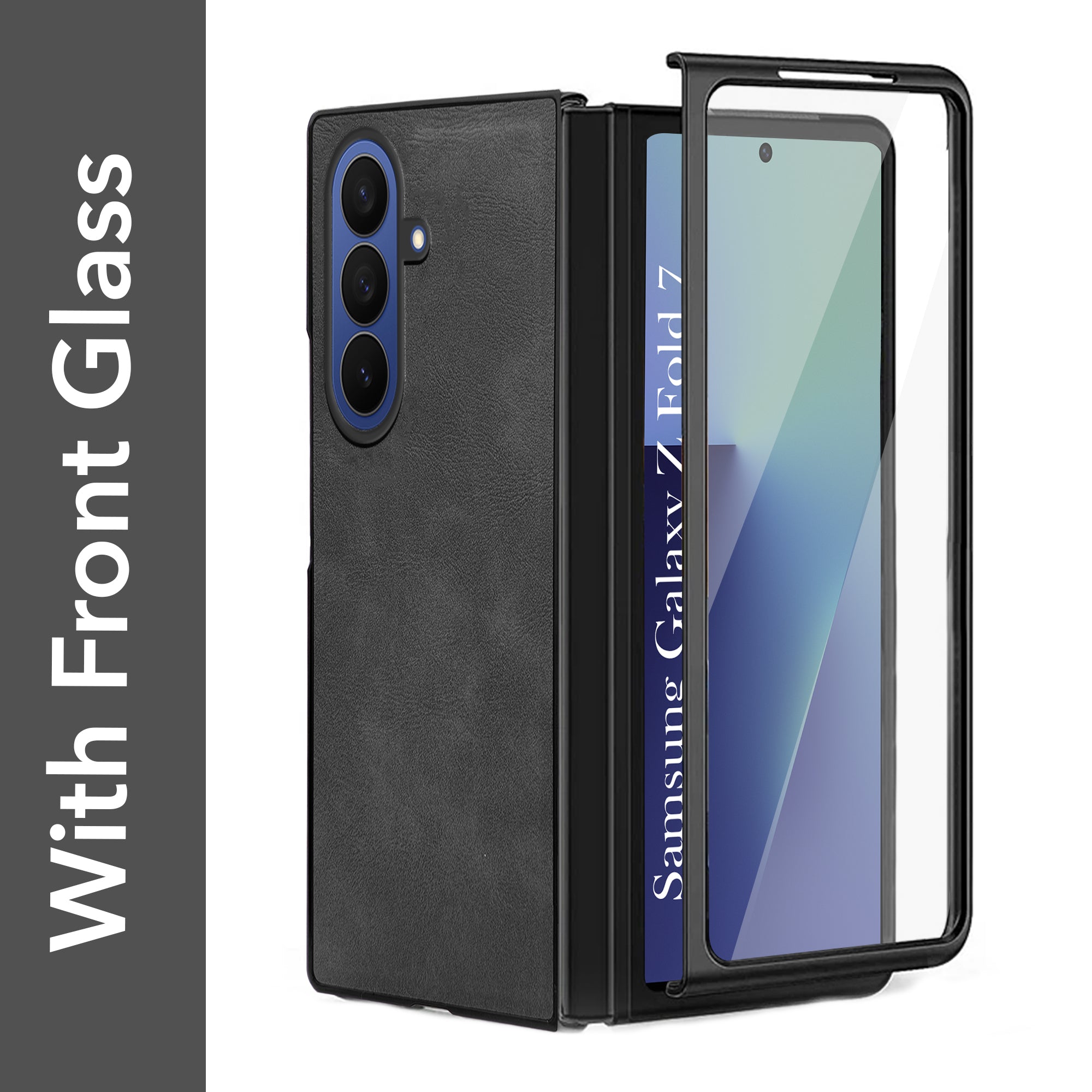 For Samsung Galaxy Z Fold 7 Back Cover Front Glass Leather (Full Body Case | Built-in Screen Protector | Inside Fiber Cloth | Minimalist Professional)