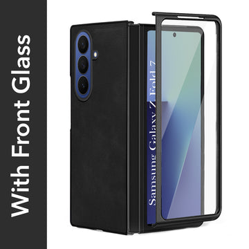 For Samsung Galaxy Z Fold 7 Back Cover Front Glass Leather (Full Body Case | Built-in Screen Protector | Inside Fiber Cloth | Minimalist Professional)
