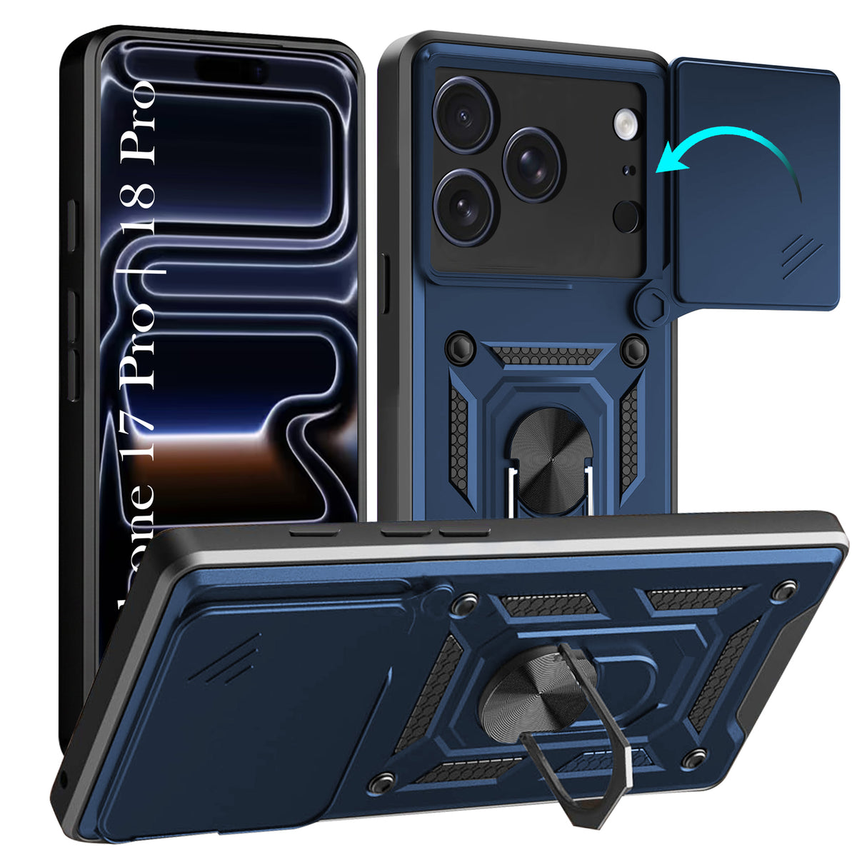 For iPhone 17 Pro | iPhone 18 Pro Back Cover Case Hybrid Armor (Sliding Shutter Camera Protection | Polycarbonate |Ring Holder Kickstand)