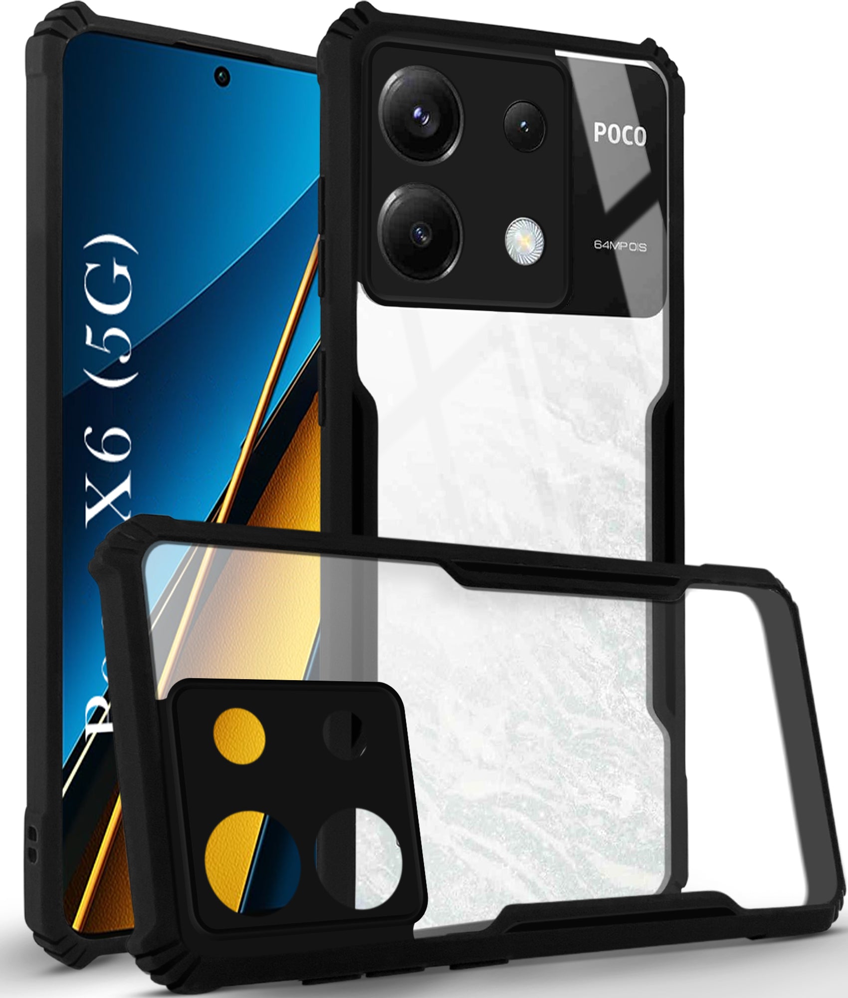 For Poco X6 5G Back Cover Case ( Shockproof with Polycarbonate Clear Panel | Professional Black)