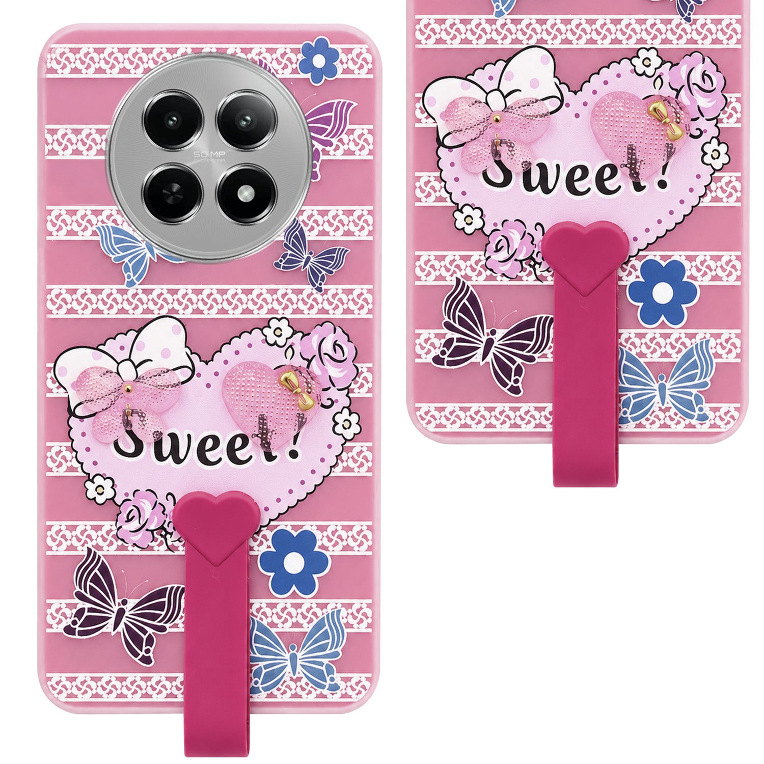 For Realme C65 5G Back Cover Case (3D Cute Heart Strap Holder | Camera Protection | Designer Girls Print)