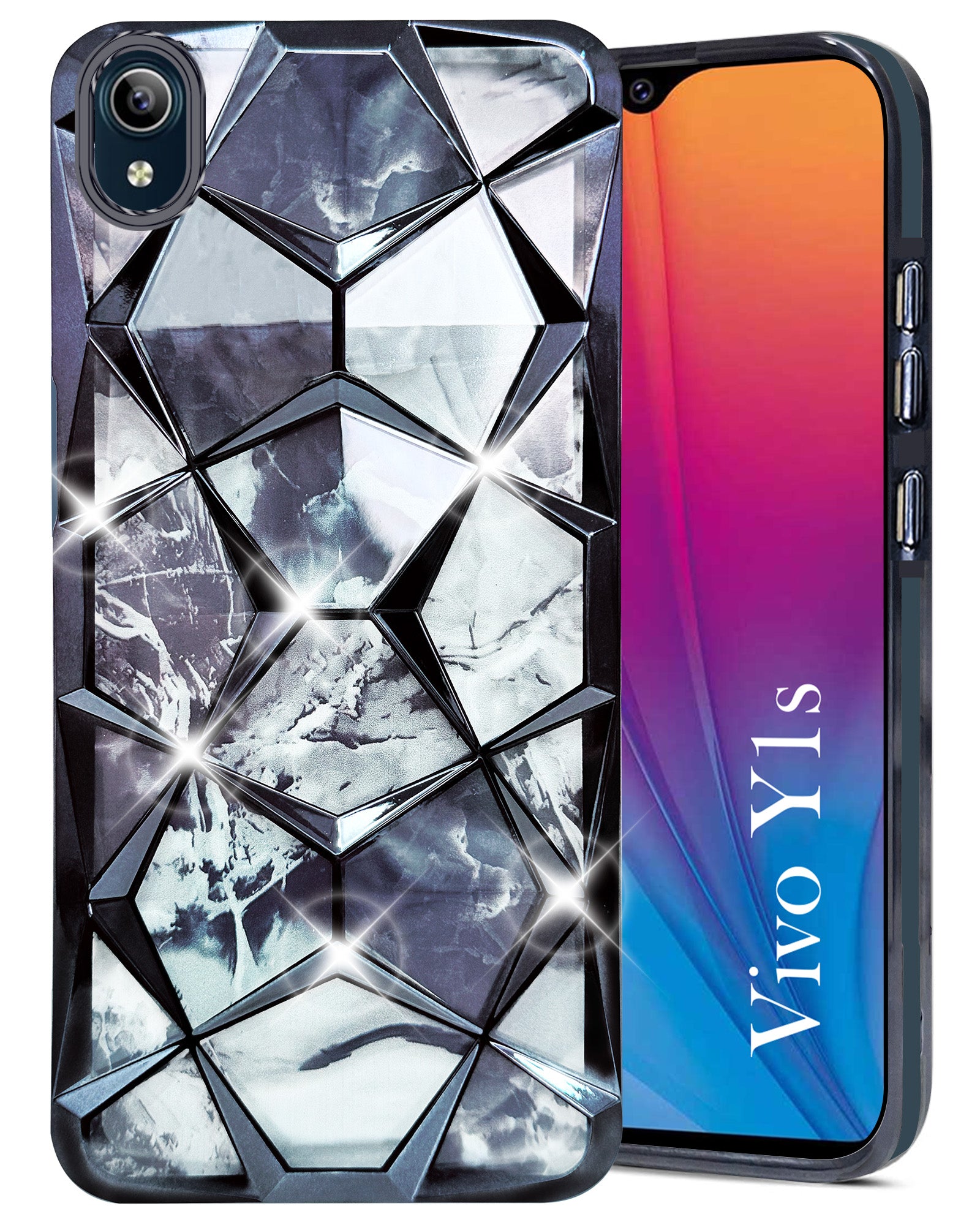 For Vivo Y1s Back Cover Case (Dual Design Glitter Sparkle and Detachable Diamond Print Case | Soft and Flexible)