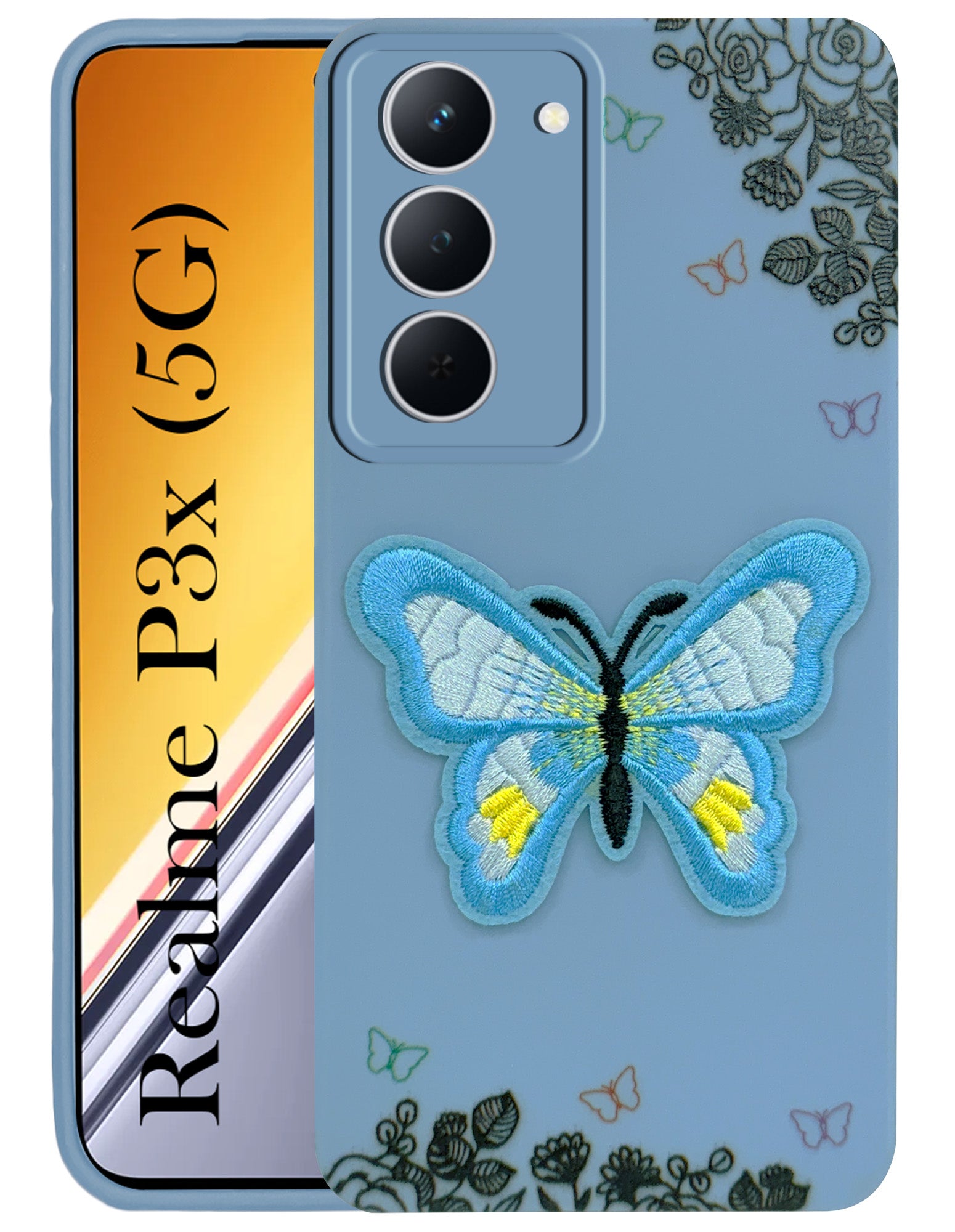 For Realme P3x Back Cover Case (Soft Butterfly Embroidery | Women Teen Girls | Camera Protection| Matte Silicone)