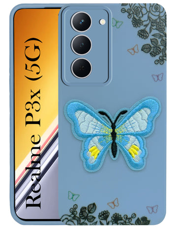 For Realme P3x Back Cover Case (Soft Butterfly Embroidery | Women Teen Girls | Camera Protection| Matte Silicone)