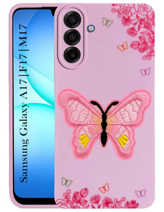 For Samsung Galaxy A17 | Samsung F17 | Samsung M17 5G Back Cover Case (Soft Butterfly Embroidery | Women Teen Girls | Camera Protection| Matte Silicone)