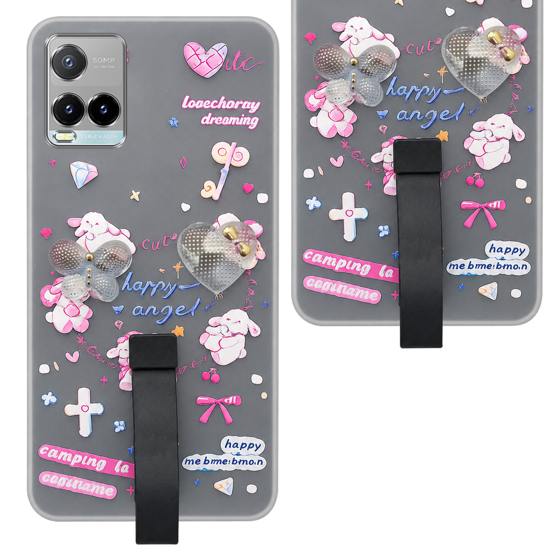 For Vivo Y33T | Vivo Y21T | Vivo Y21s Back Cover Case (3D Cute Heart Strap Holder | Camera Protection | Designer Girls Print)