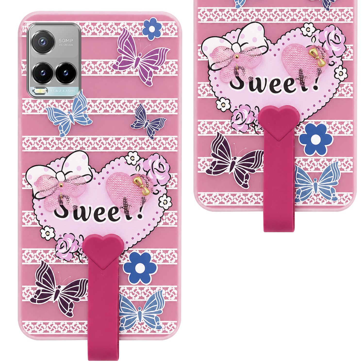 For Vivo Y33T | Vivo Y21T | Vivo Y21s Back Cover Case (3D Cute Heart Strap Holder | Camera Protection | Designer Girls Print)