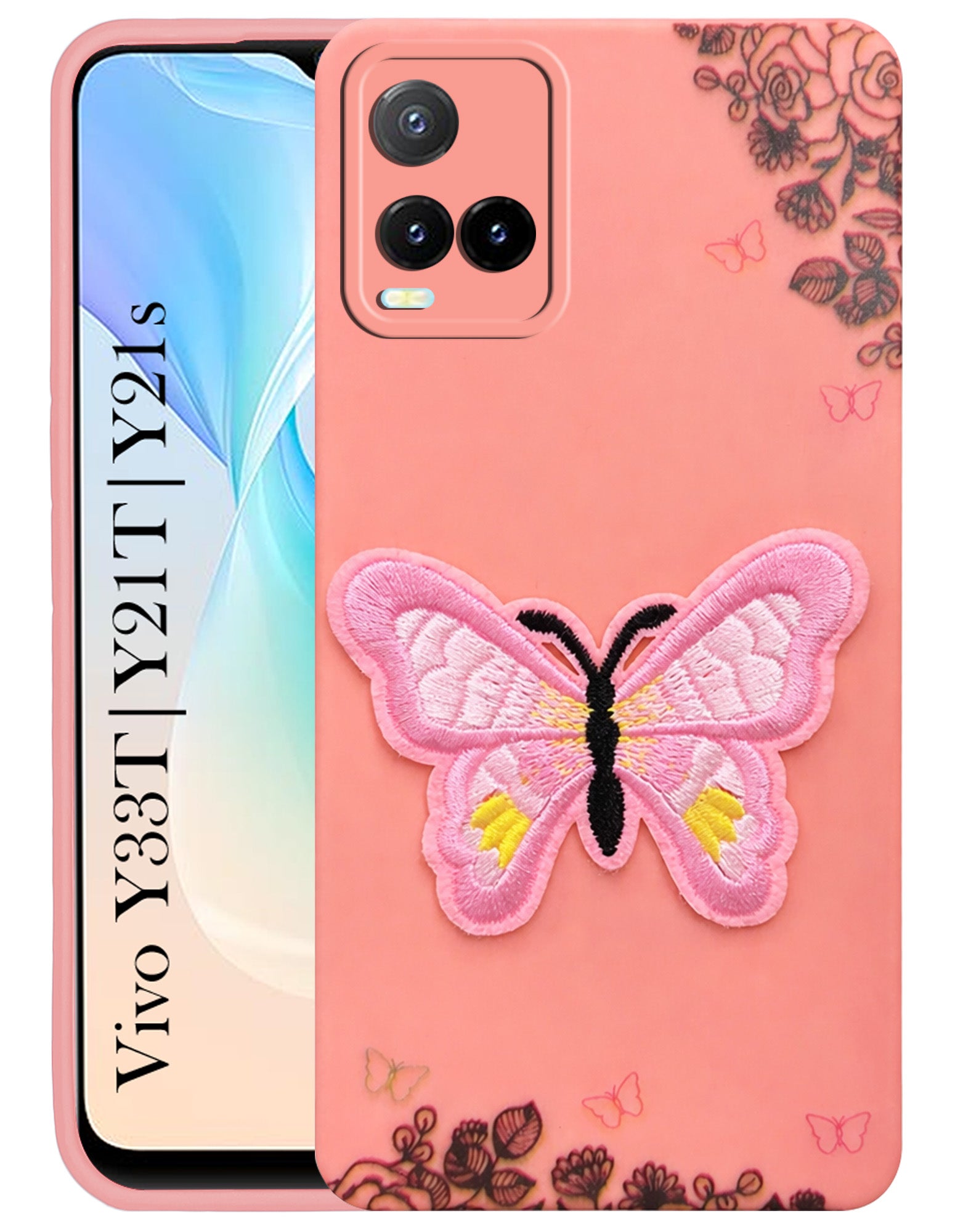 For Vivo Y33T | Vivo Y21T | Vivo Y21s Back Cover Case (Soft Butterfly Embroidery | Women Teen Girls | Camera Protection| Matte Silicone)