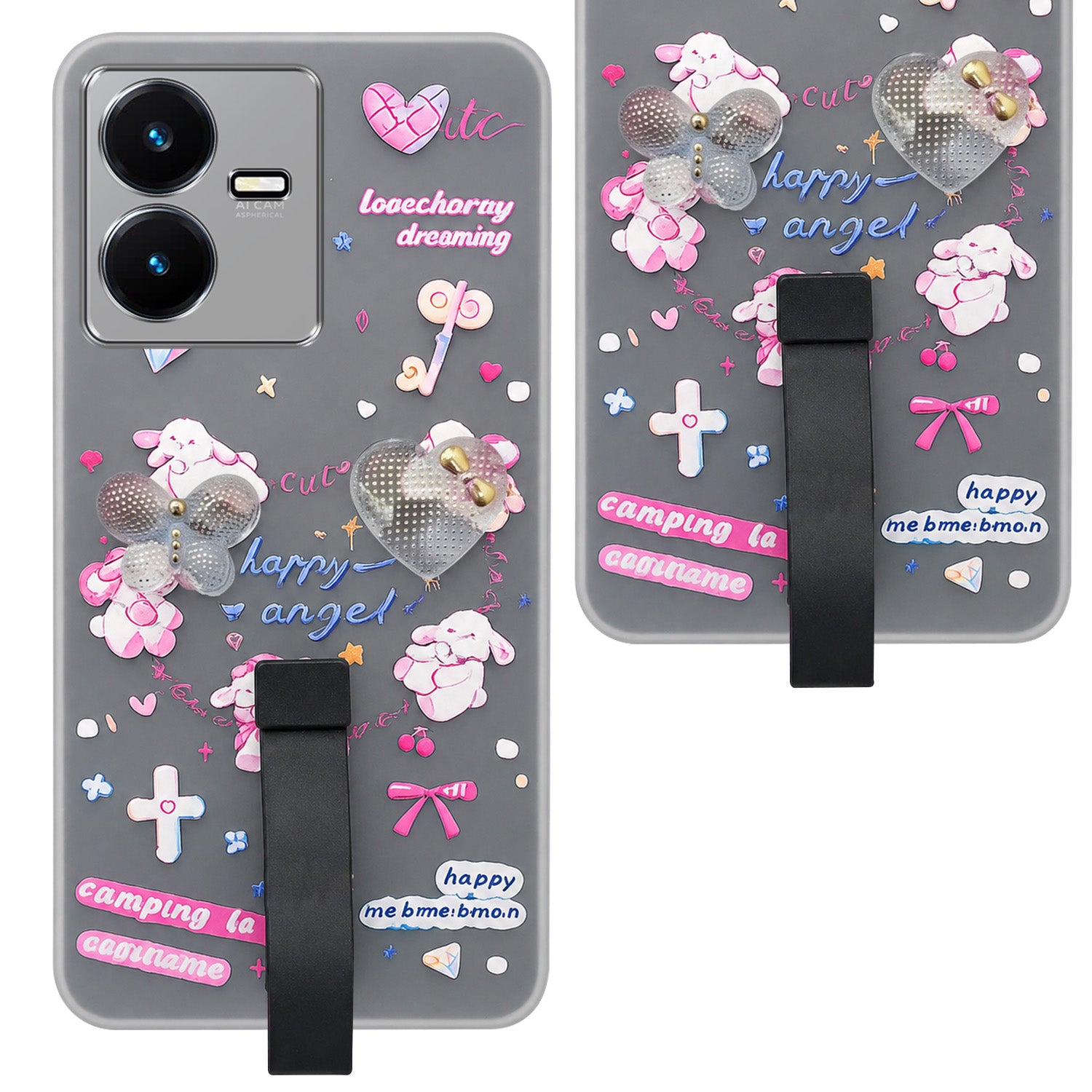 For Vivo Y22 | Vivo Y22s Back Cover Case (3D Cute Heart Strap Holder | Camera Protection | Designer Girls Print)