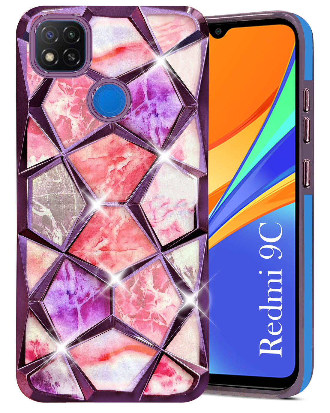 For Redmi 9C Back Cover Case (Dual Design Glitter Sparkle and Detachable Diamond Print Case | Soft and Flexible)
