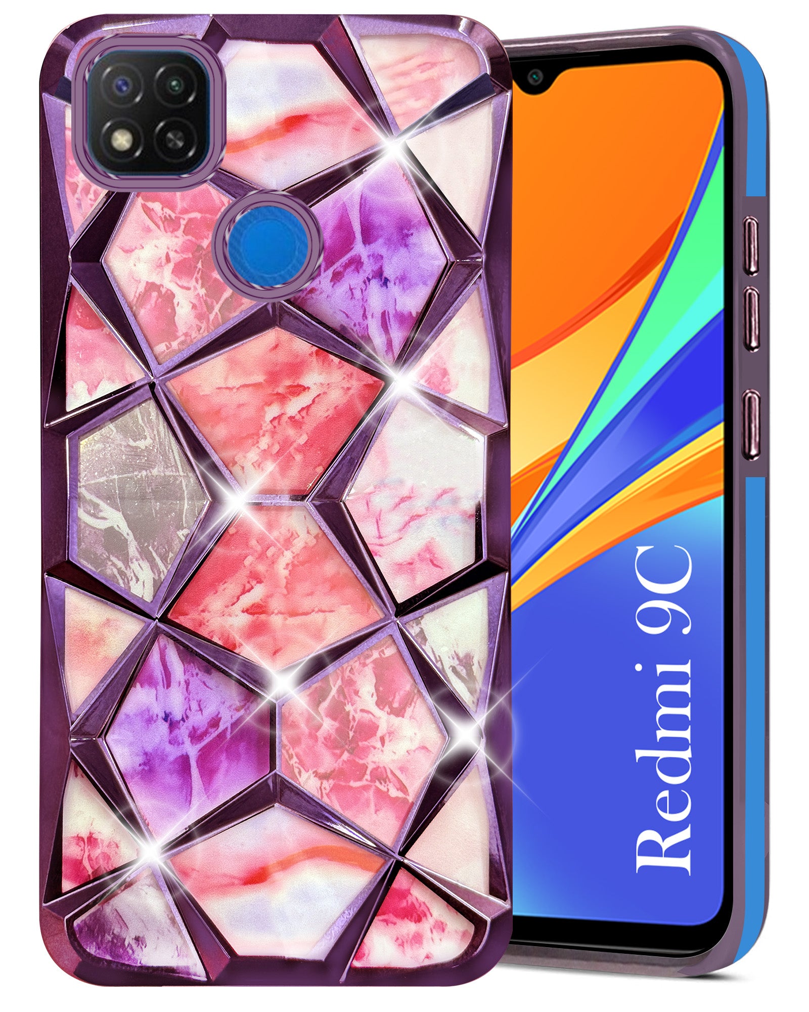 For Redmi 9C Back Cover Case (Dual Design Glitter Sparkle and Detachable Diamond Print Case | Soft and Flexible)