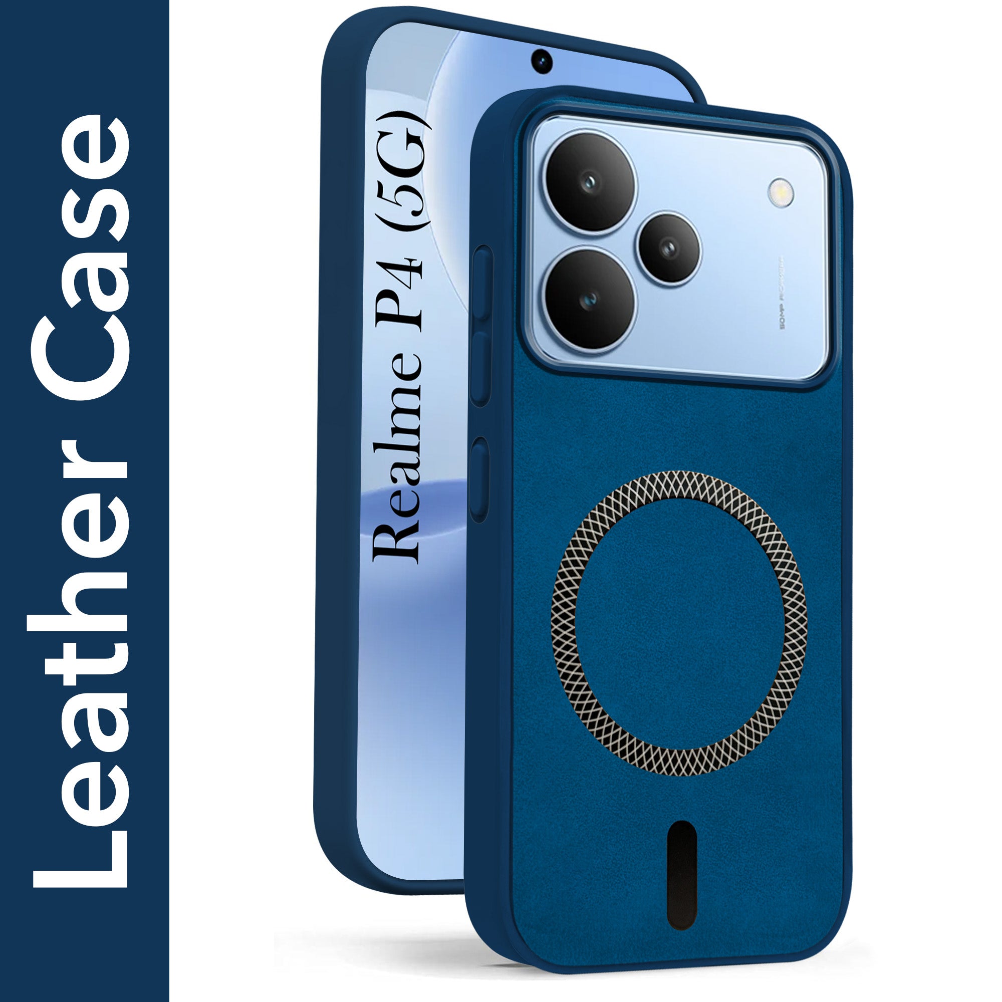 For Realme P4 Back Cover Case Leather Finish (MagSafe Compatible Wireless Charging | Soft Touch | Camera Bump Protection)