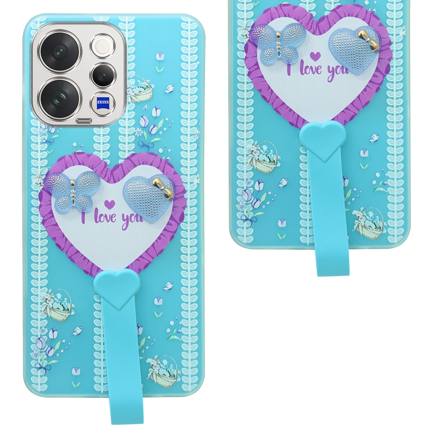 For Vivo V70 | Vivo V70 Elite 5G Back Cover Case (3D Cute Heart Strap Holder | Camera Protection | Designer Girls Print)